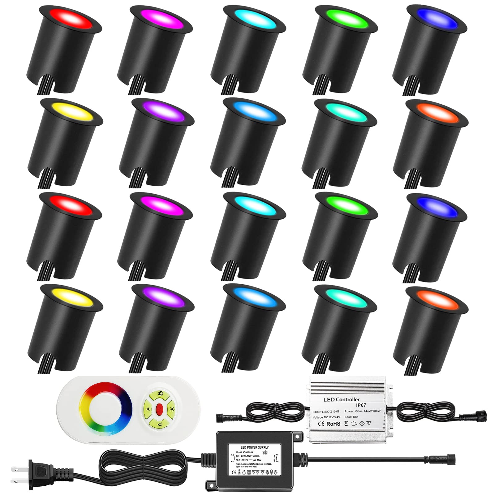 RGB LED Deck Light Kit - 0.1W-0.3W Low Voltage Outdoor Lighting with Protective Shell, 6Lm IP67 Waterproof for Steps, Stairs, Garden, Yard, Patio & Landscape Decoration (20pcs Black Border) - Perfect for Outdoor Entertaining & Pathway Illumination