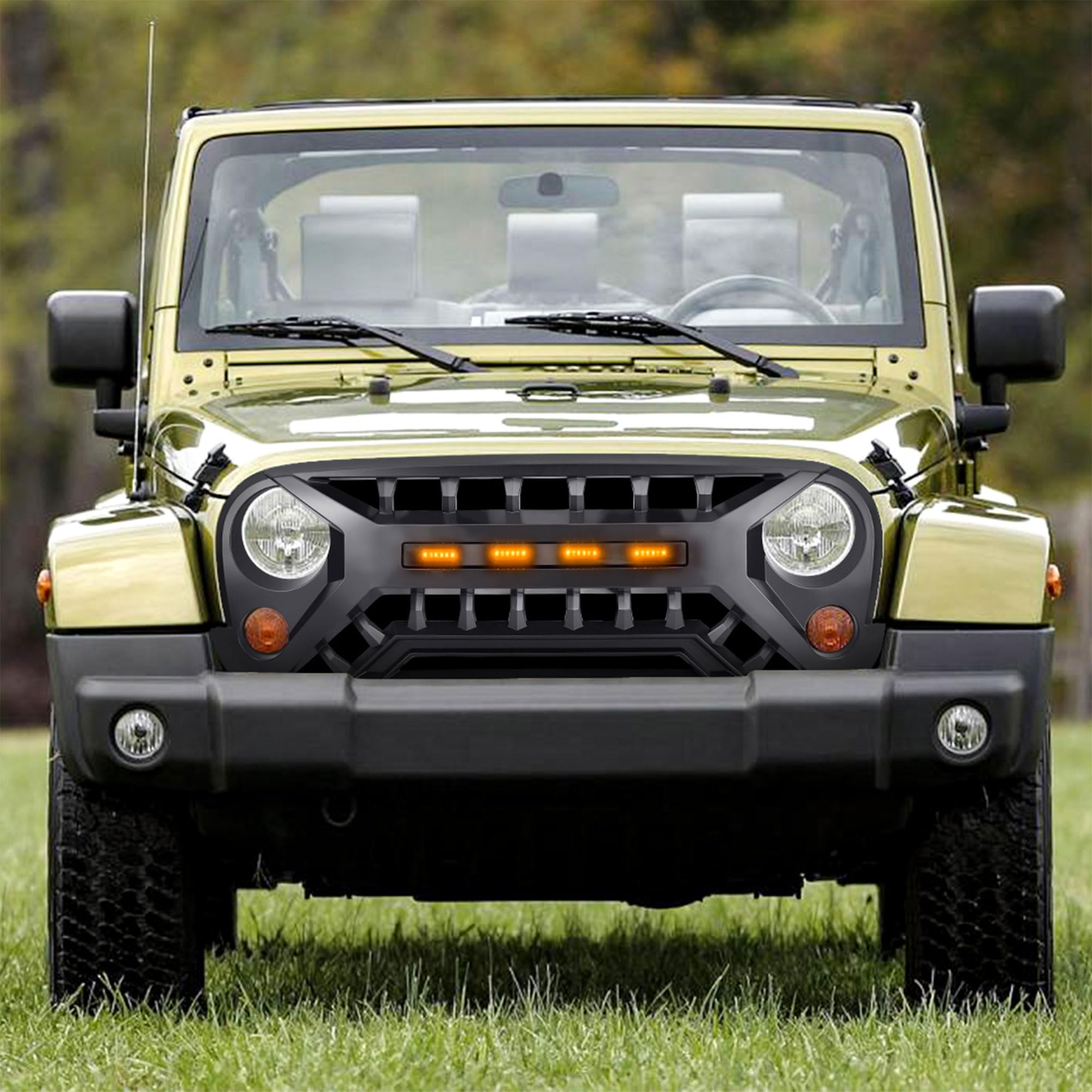 07-08 Jeep Wrangler JK Black AMERICAN MODIFIED Armor Grille with Amber Lights - Heavy Duty Off-Road Protection for Adventure & Trail Riding