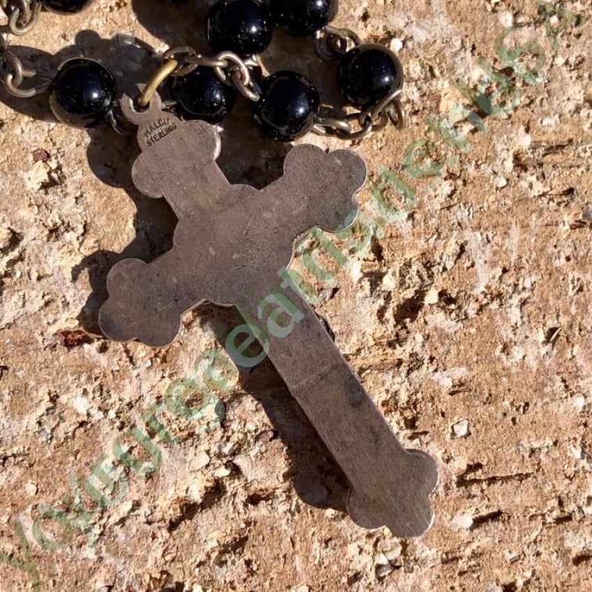 Vintage Sterling Silver Black Glass Bead Rosary Necklace - Catholic Prayer Beads for Religious Devotion & Spiritual Gifts