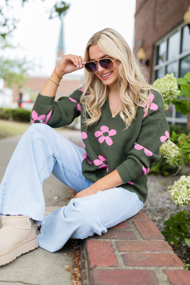 Olive & Pink Floral V-Neck Sweater for Women | Cozy Knit Pullover | Perfect for Fall & Winter Layering | Casual Outfits & Date Nights