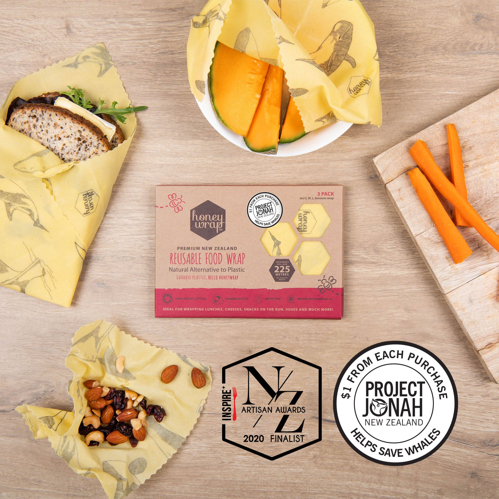 Organic Beeswax Food Wraps - 3 Pack Reusable Eco-Friendly Food Storage for Sandwiches, Fruits & Leftovers | Sustainable Kitchen Essentials for Zero Waste Living