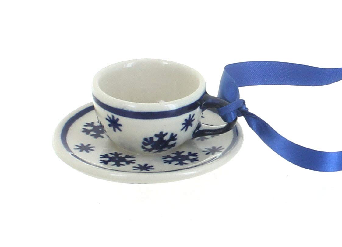 Handmade Blue Rose Polish Pottery Snow Flurry Cup & Saucer Set - Christmas Ornament & Collectible for Holiday Decor, Tea Time & Gift Giving