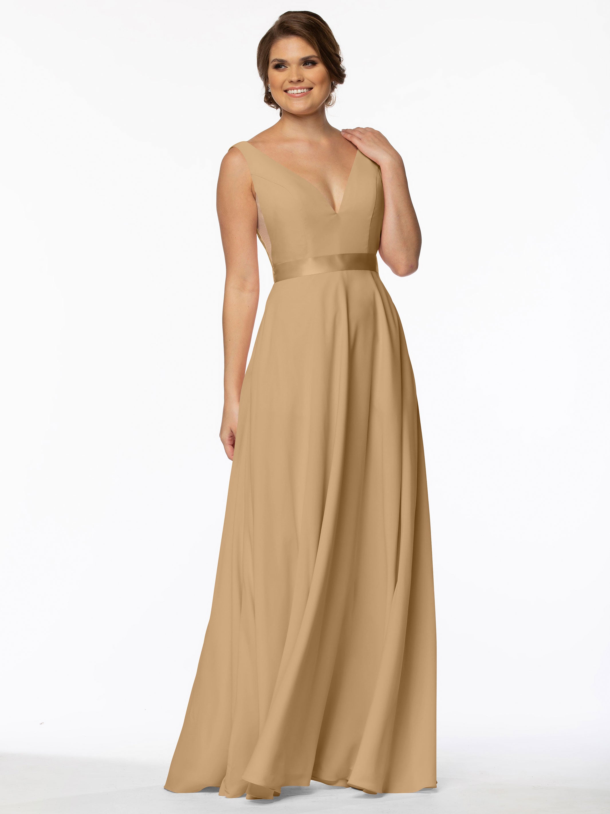 Elegant 80117 Stretch Chiffon A-Line Bridesmaid Dress with V-Neck & Sash - Perfect for Weddings, Formal Events & Special Occasions