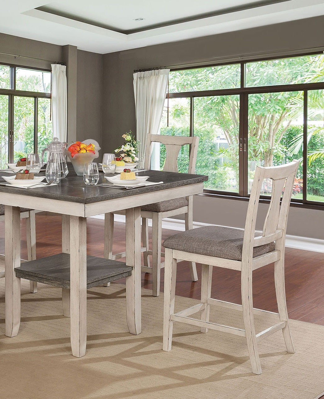 Rustic Style Antique White 5-Piece Counter Height Dining Set with Shelf - Farmhouse Kitchen Table & High Chairs for Small Space Dining Rooms, Breakfast Nooks & Cozy Home Decor