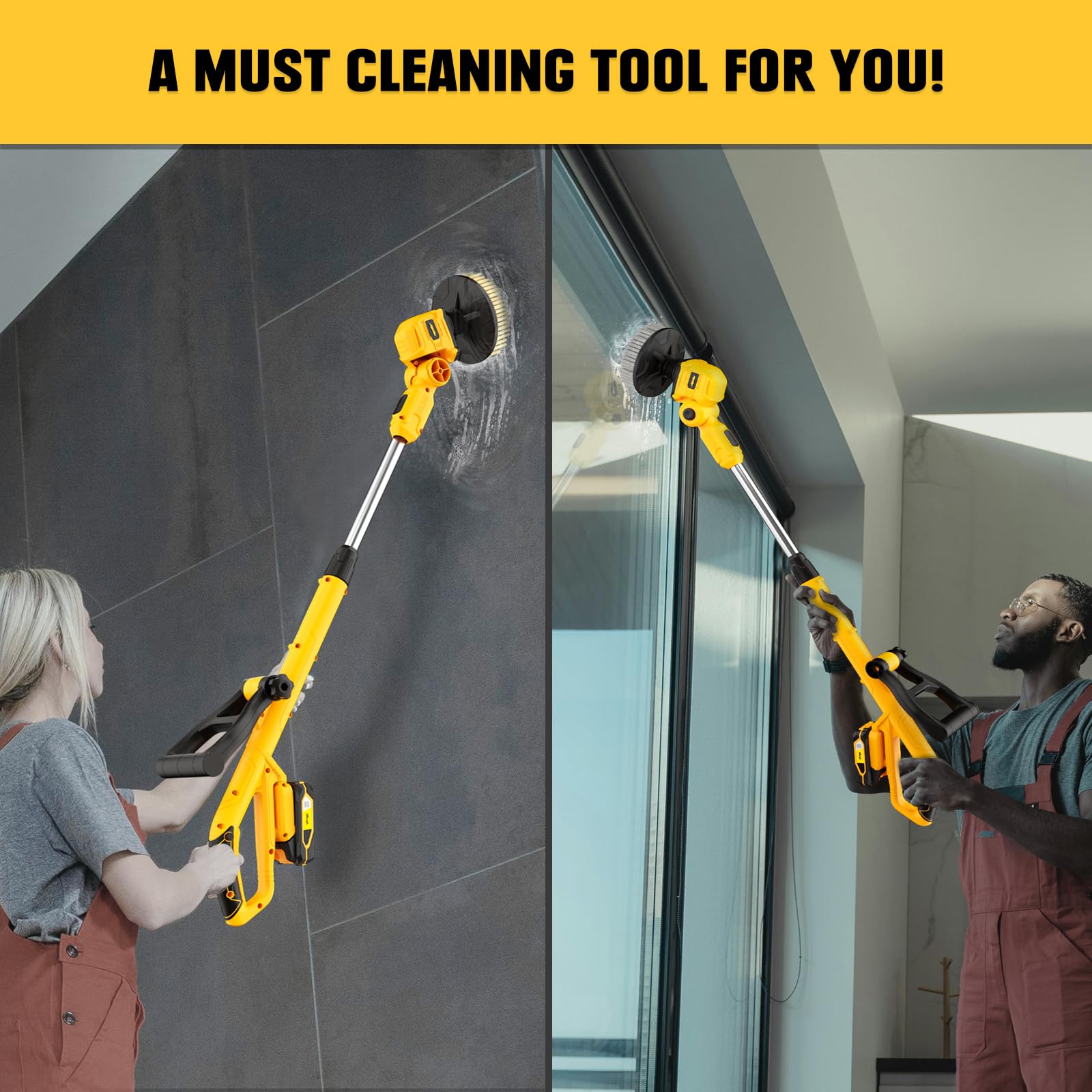 Electric Spin Scrubber with Dewalt 20V Max Battery Compatibility (Tool Only) - 700RPM Brushless Shower Cleaning Brush with Telescopic Long Handle & 2 Brush Heads - Perfect for Tub, Tile, Bathroom, Kitchen, Car Cleaning - Effortless Deep Cleaning for Tough Grime and Stains