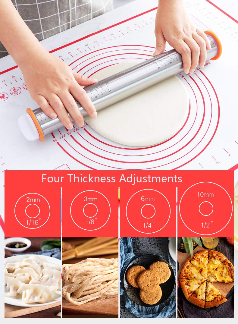 Stainless Steel Rolling Pin with Spacer, 4 Adjustable Discs & Guide, Non-Stick, Silicone Baking Mat for Bread, Cakes, Pasta & Pastry Dough – Perfect for Home Baking, Pizza Making & Cookie Preparation