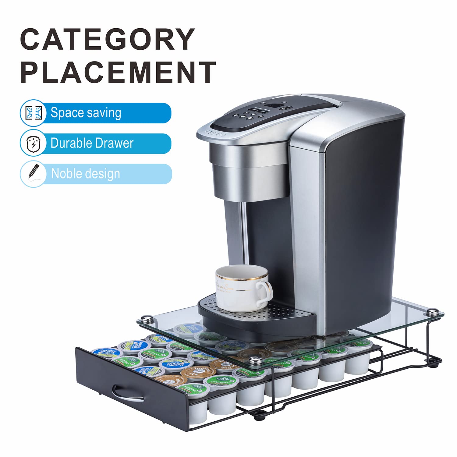 ZCDCP K Cup Holder Drawer - 35-Capacity Black Coffee Pod Organizer with Tempered Glass Top | Keurig Compatible K-Cup Storage | Perfect for Kitchen Countertops & Office Coffee Stations