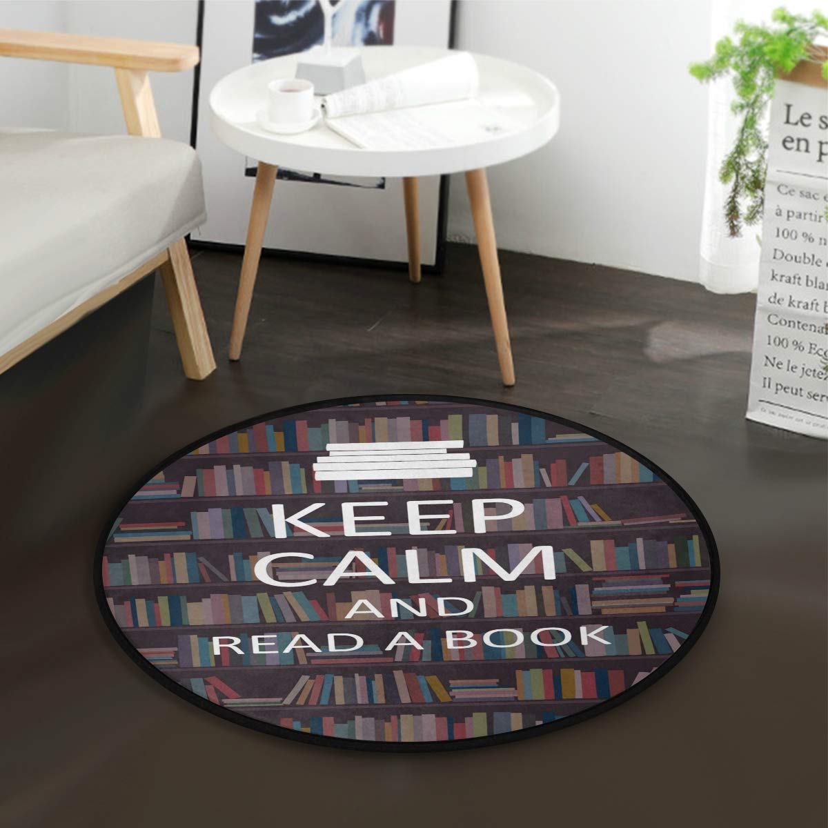 ALAZA Round Area Rug with Bookshelf & Library Quotes Design - 3' Diameter (92cm) for Living Room, Bedroom - Perfect for Reading Nooks, Study Areas & Cozy Home Decor