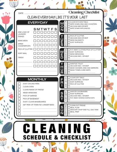 Floral Cleaning Schedule & Checklist - Daily, Weekly, Monthly for Home Organization | 8.5x11