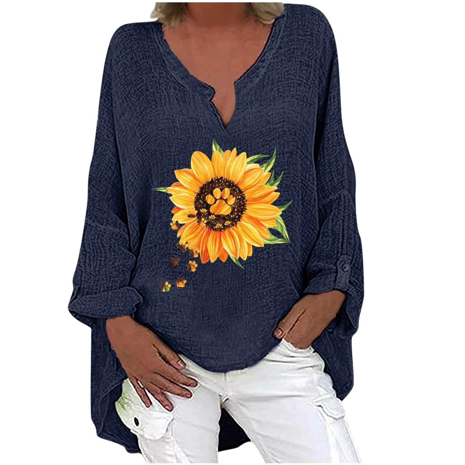 Women's Fashion Sunflower Print Linen Shirt - Loose Fit Soft Blouse Tunic Top for Casual & Dressy Wear | Perfect for Summer Outings, Office & Date Nights