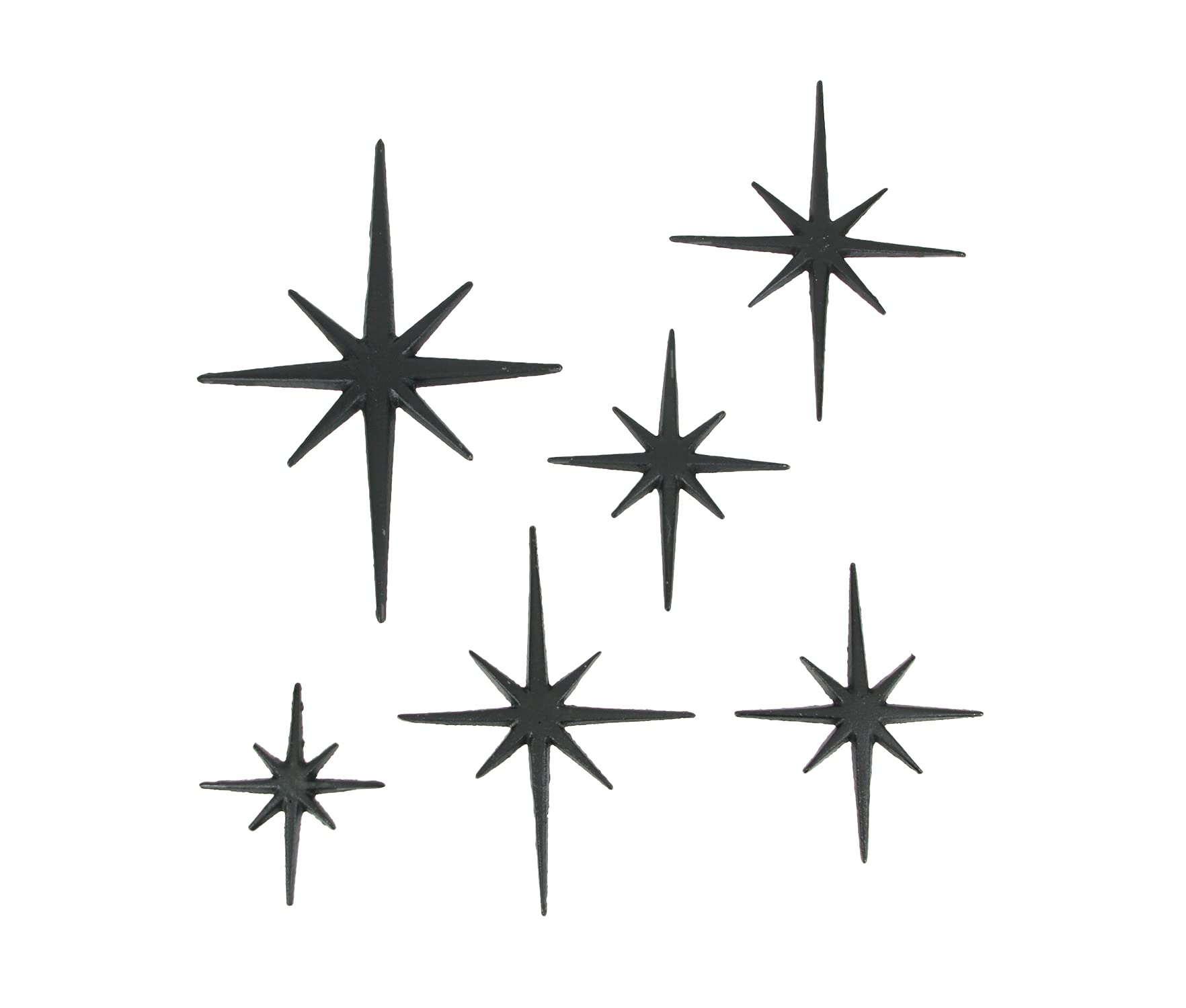 Vintage Set of 6 Black Cast Iron Starburst Wall Decor - Mid Century Modern Metal Wall Art with 8-Pointed Stars - Perfect for Bedroom, Living Room & Office Decor (Boho, Retro, Industrial Style)