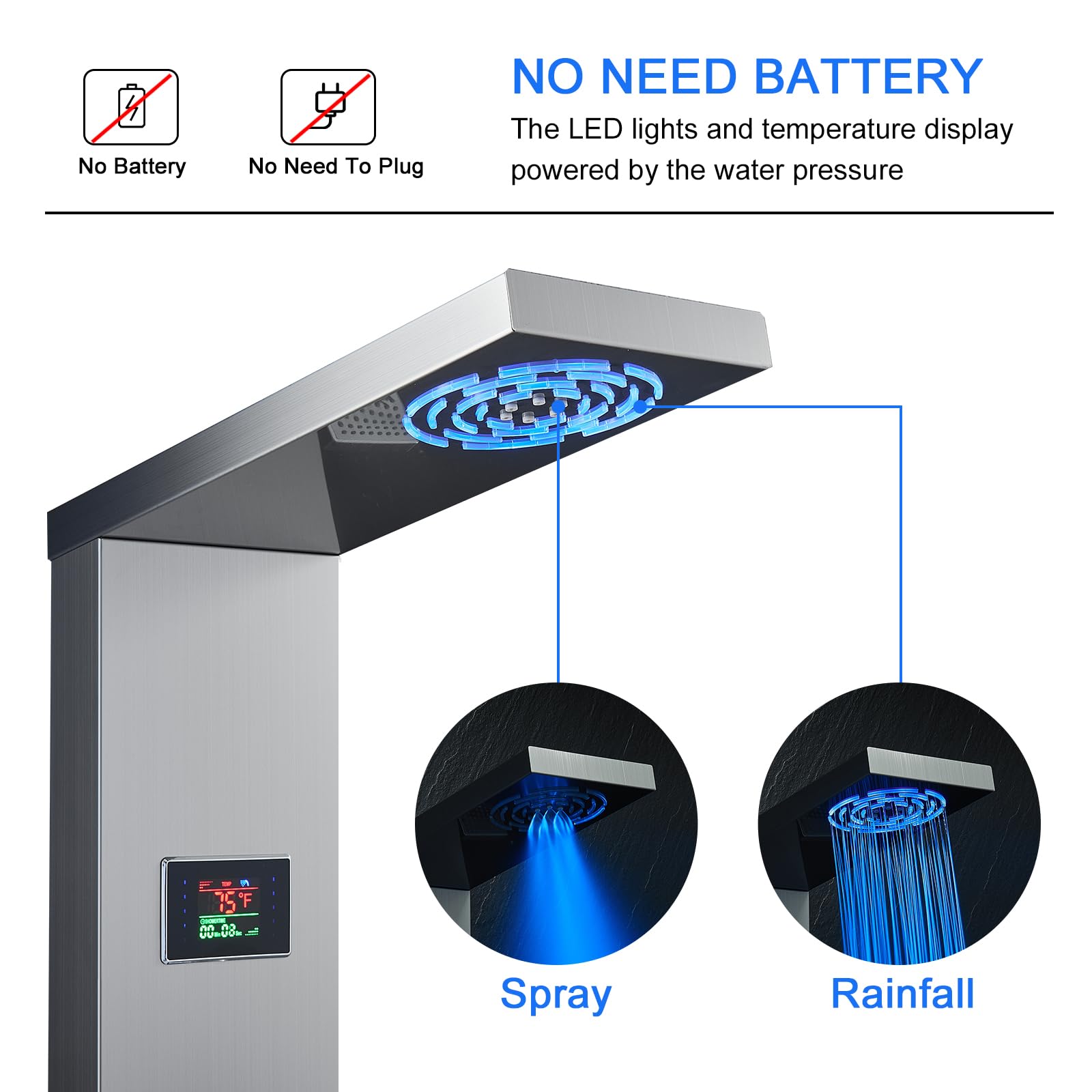 TSIBOMU LED Shower Panel Tower System with 5 Body Jets - Stainless Steel Rainfall & Mist Shower Tower, Handheld Shower & Tub Spout - Brushed Nickel Hydroelectric Temperature Display for Luxurious Bathroom Upgrade (Perfect for Modern Home Spa Experience)