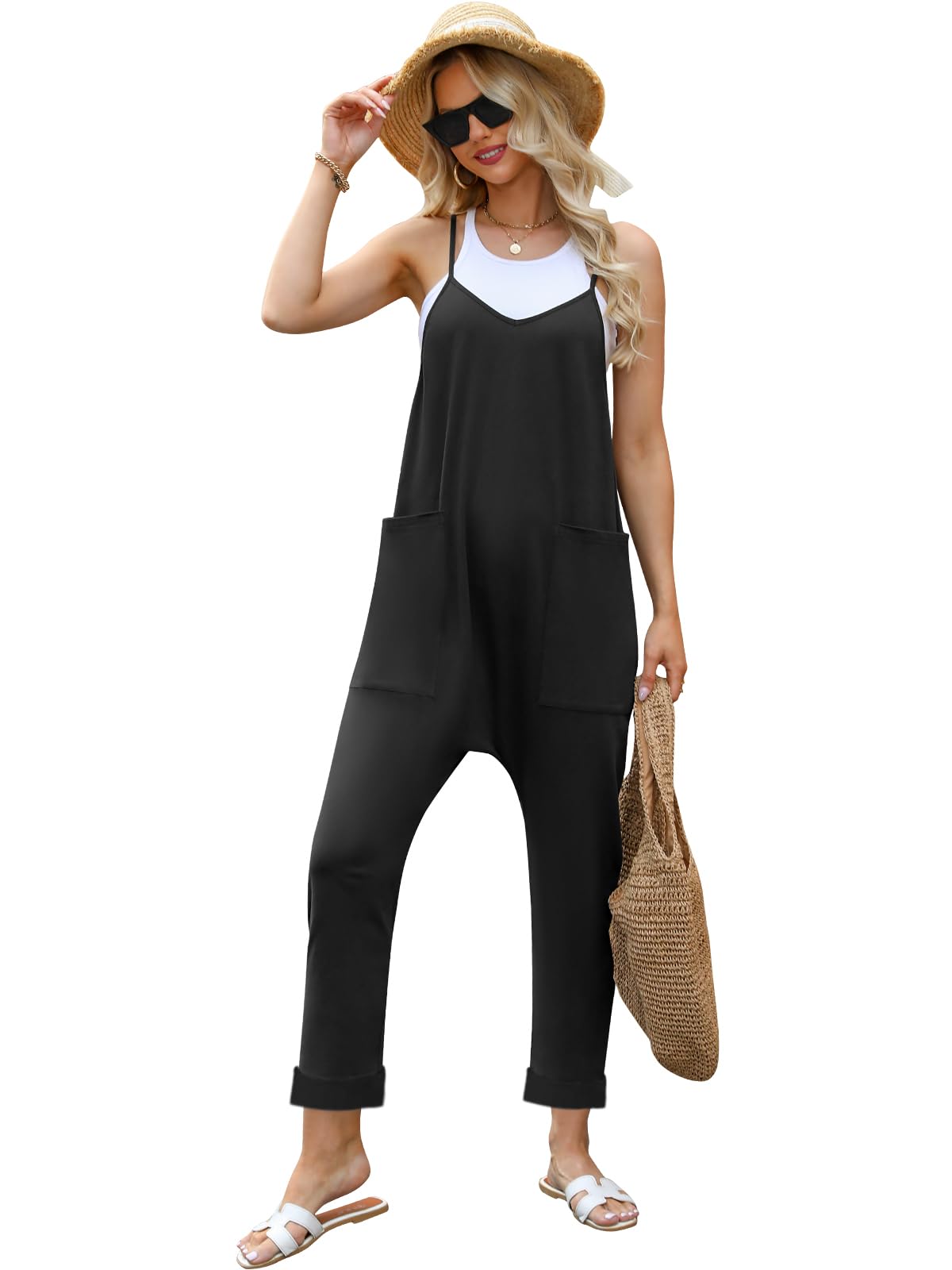 Women's Casual Summer Jumpsuit - V Neck Sleeveless Romper with Pockets | Beach & Travel Outfit