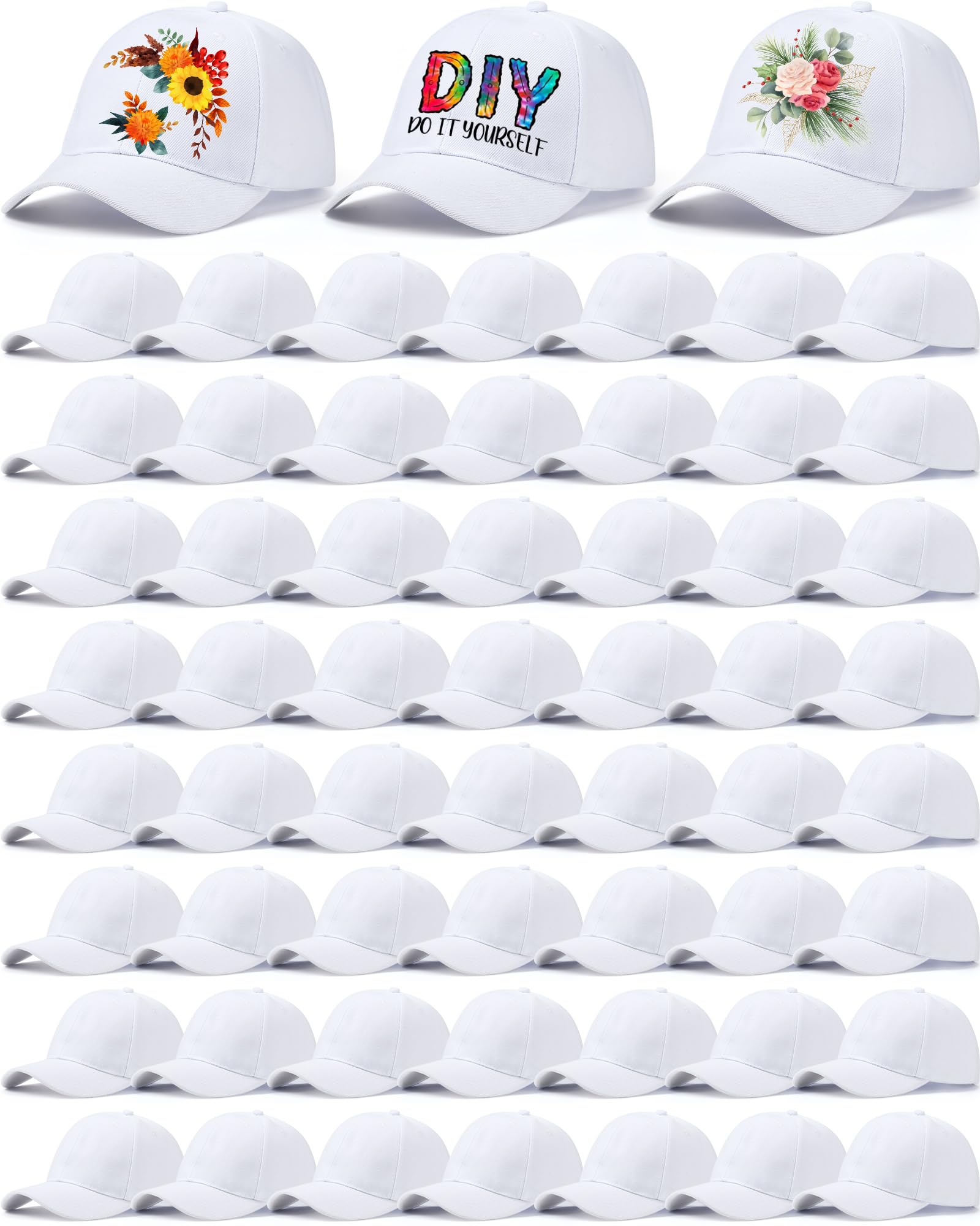 Bonuci 60 Pack White Blank Baseball Caps Bulk - Adjustable Sublimation Trucker Hats for Men & Women - DIY Customizable Hats for Sports, Events & Promotions