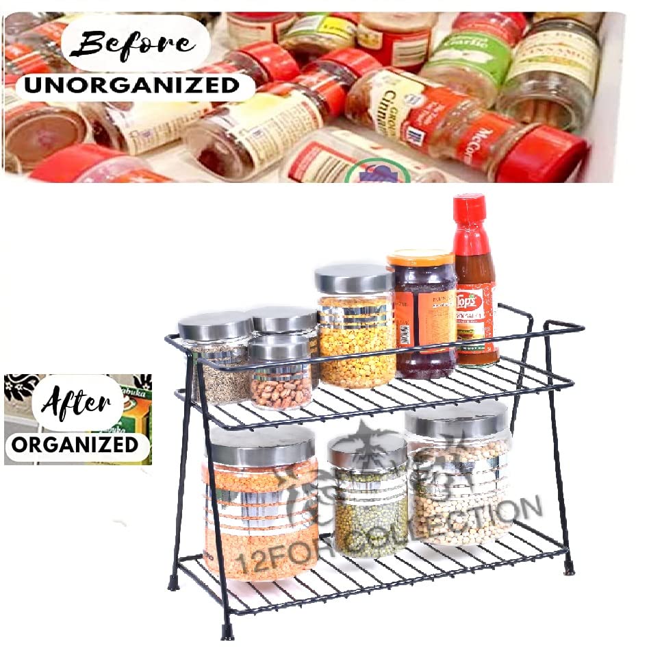 CR18 COLLECTION Black 2-Tier Kitchen Rack Organizer - Space Saving Trolley Basket for Utensils, Dishes & Plates - Perfect for Small Kitchens, Pantries & Dining Areas