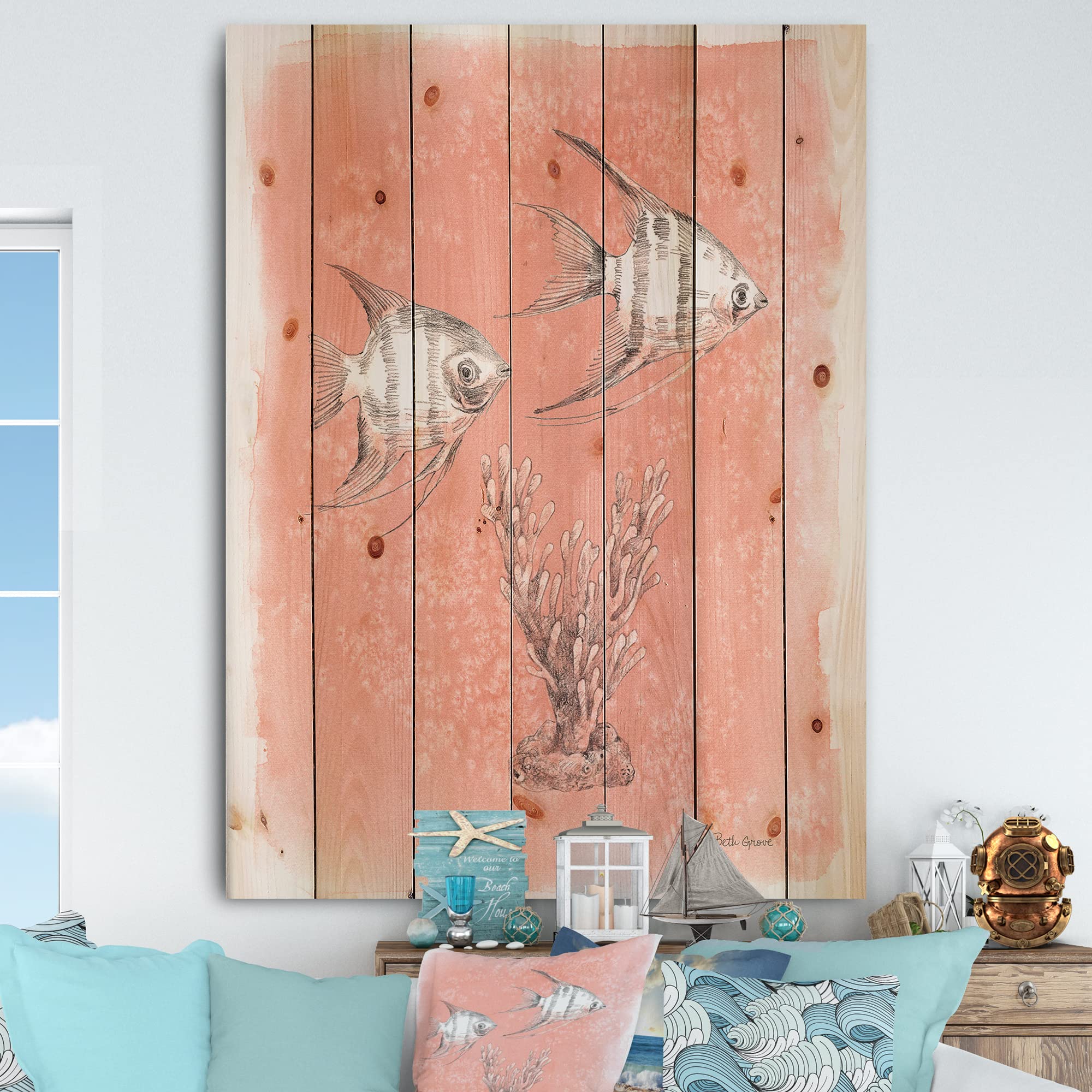 Coastal Sea Life Wood Wall Art - Fish Sketches on Pine for Beach House Decor