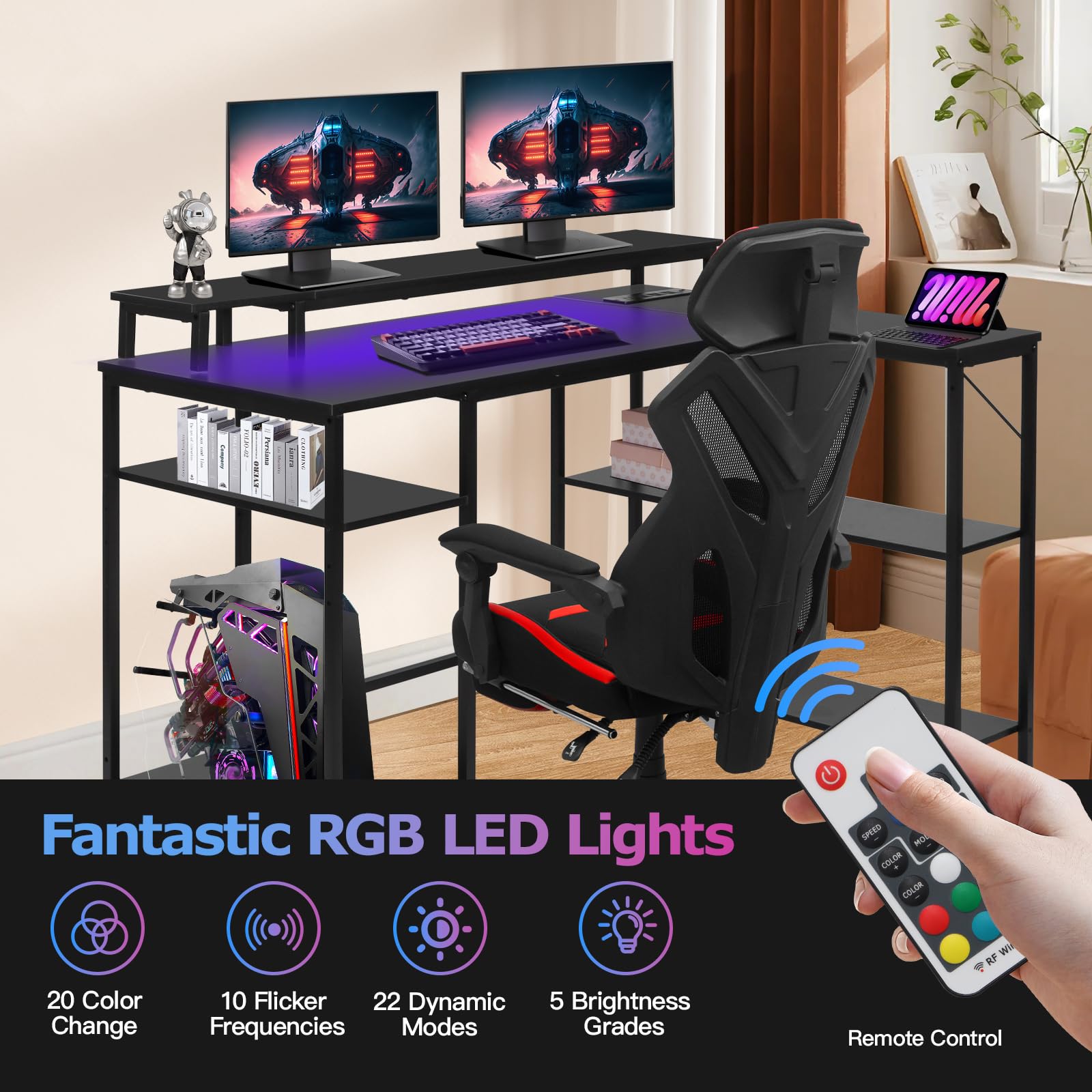 L-Shaped Computer Desk with LED Lights & Power Outlet - Reversible Corner Office Desk with Monitor Stand & Shelves - Gaming & Home Office Desk for Bedroom, Study Room & Small Spaces (Black)