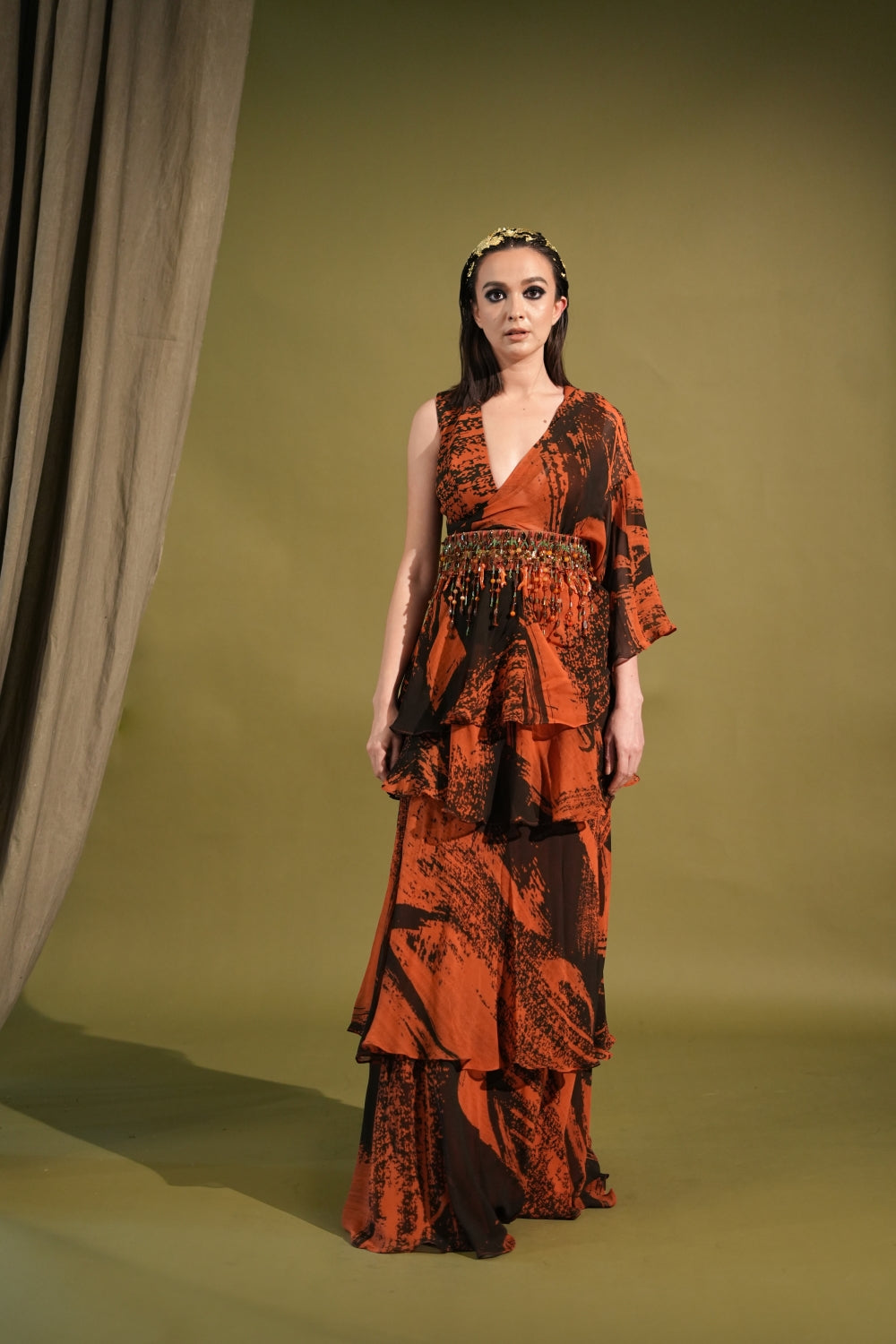 Orange & Black Printed Saree Blouse with Belt Set - Elegant Indian Ethnic Wear for Weddings & Festivals