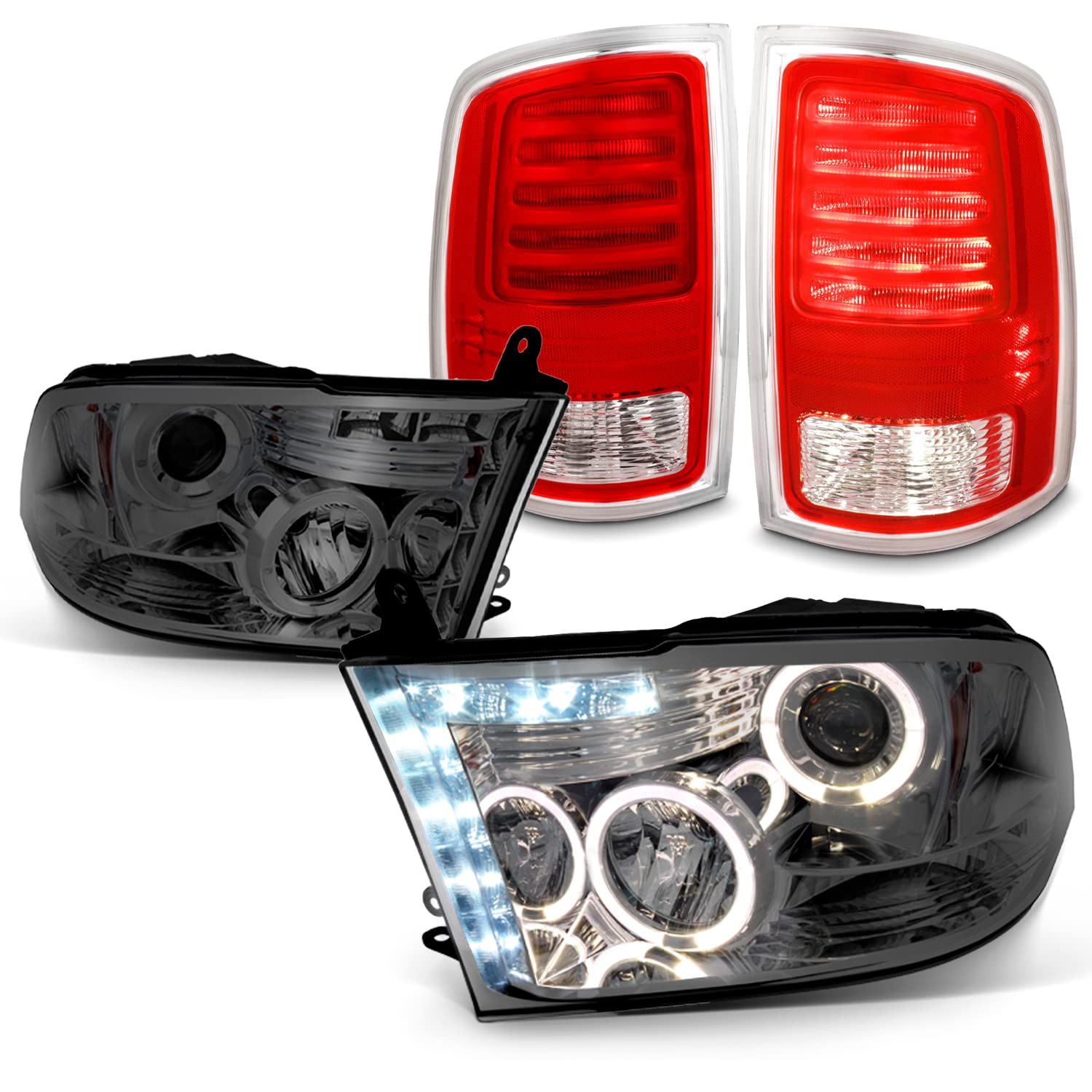 AKKON LED Headlights & Tail Lights for 2013-2018 Ram 1500/2500/3500 - DRL Halo Projector Smoke Headlight & Red LED Taillamp with Wiring Kit - Upgrade for Off-Road, Night Driving & Custom Look