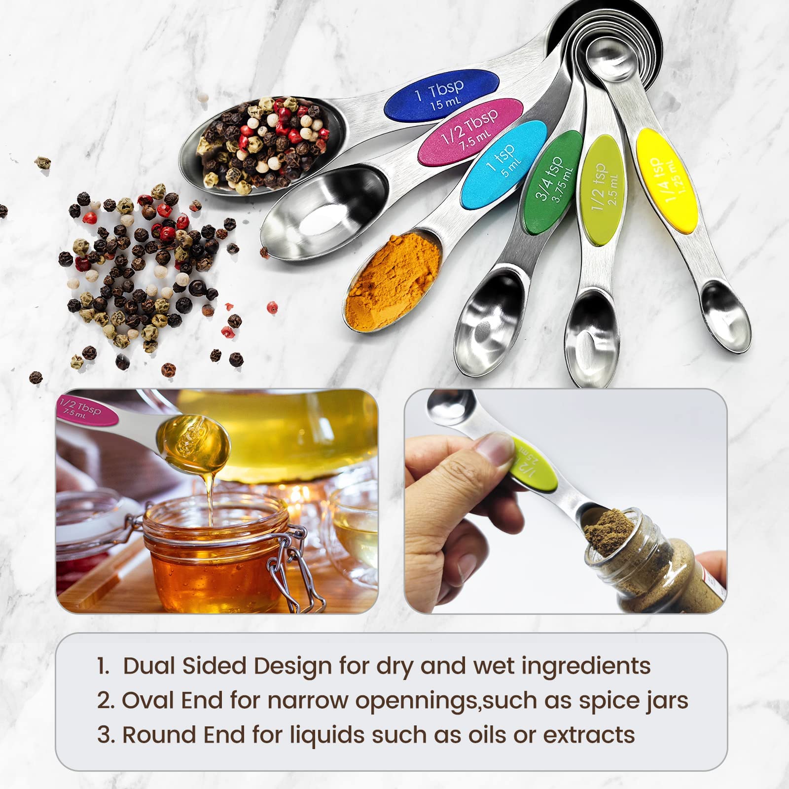 9-Piece Magnetic Measuring Spoons Set - Dual-Sided Stainless Steel Kitchen Measuring Spoons with Leveler | Stackable Teaspoon & Tablespoon Set for Baking, Cooking & Spice Storage | Perfect for Measuring Dry & Liquid Ingredients in Jars, Canisters & Spice Containers