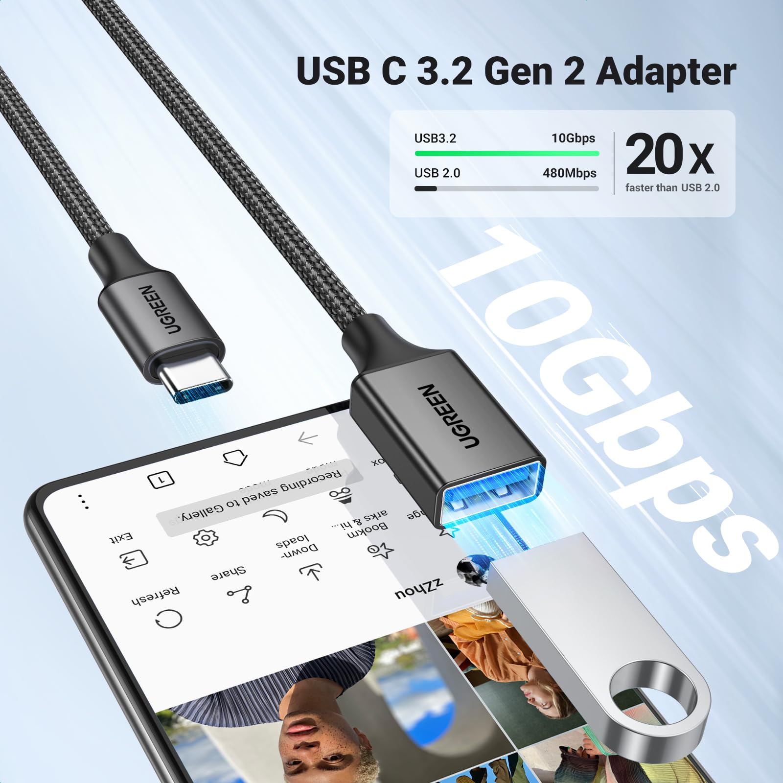 UGREEN 10Gbps USB C to USB Adapter 2 Pack - Aluminum USB 3.2 Type C Male to USB Female OTG Cable - Compatible with iPhone 15/16, MacBook Pro 2023/Air 2022, iPad Pro/Mini - Fast Data Transfer for Phones, Laptops, Tablets (Black)