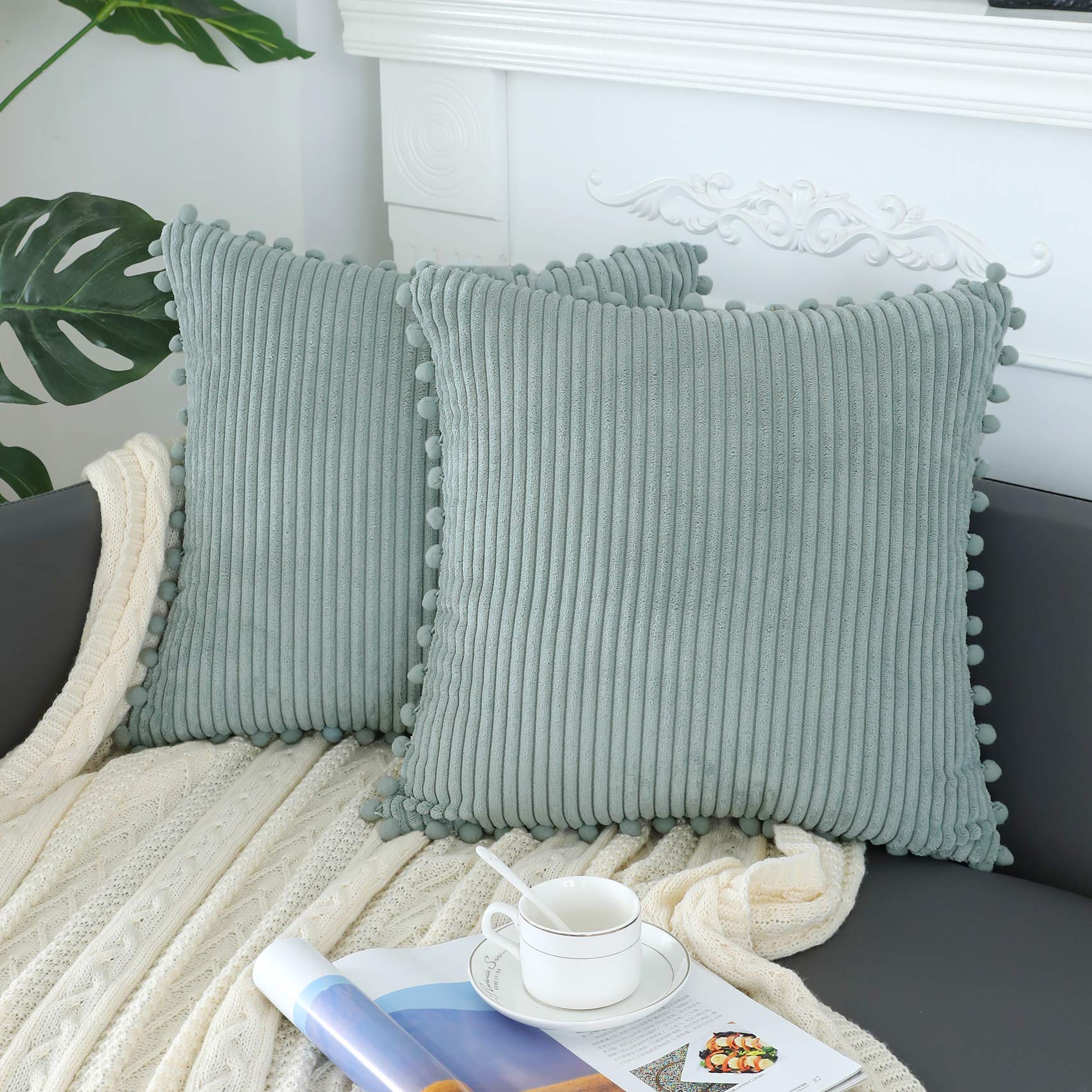 Soft Striped Boho Farmhouse Decorative Throw Pillow Covers 20x20 Inch - Grey Blue with Pom Poms - Set of 2 for Couch, Sofa, Bed, Chair & Outdoor Use - Cozy Home Decor & Living Room Accent