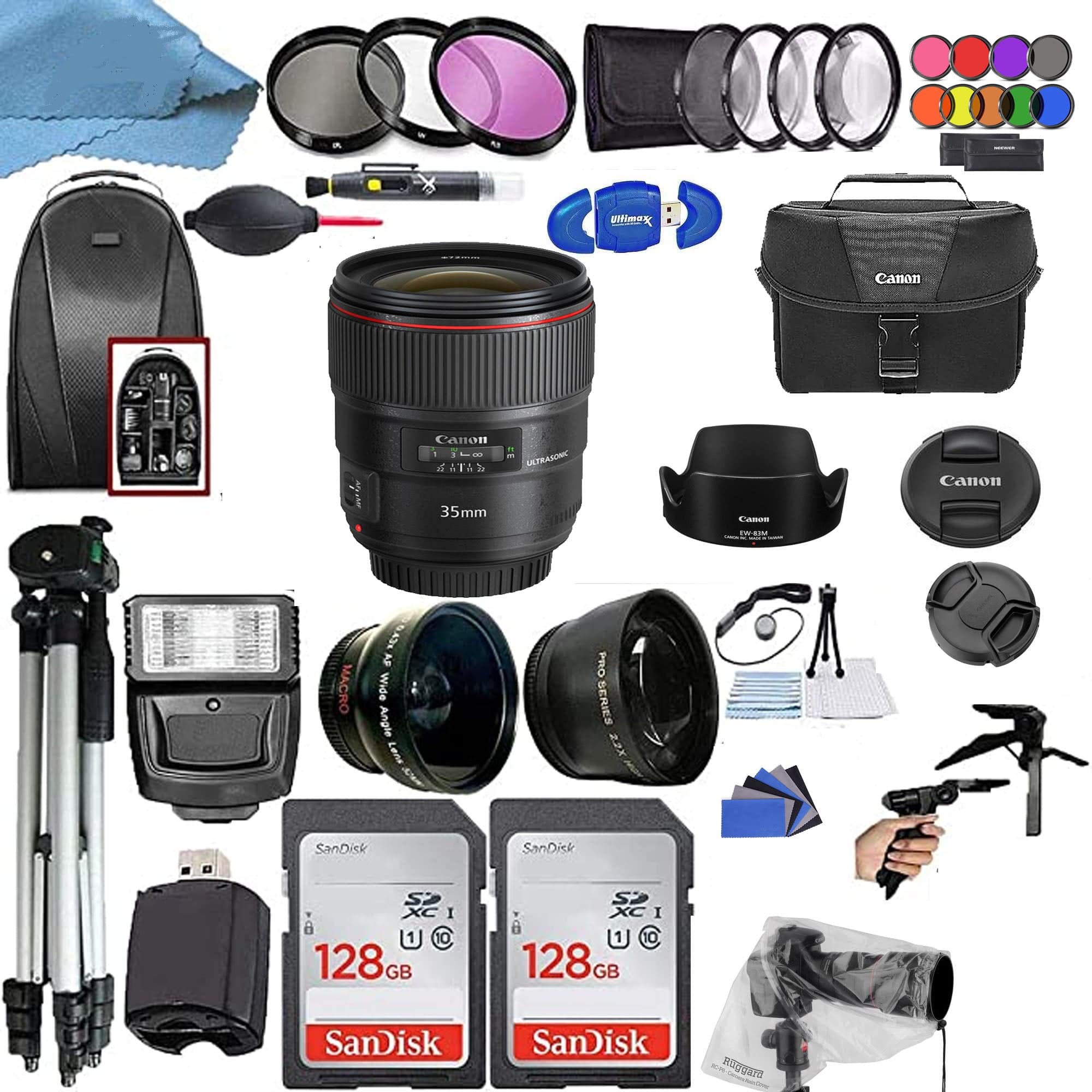 Canon EF 35mm f/1.4L II USM Wide Angle Lens with 256GB Memory Card & Slave Flash - Perfect for Portrait, Wedding & Low Light Photography