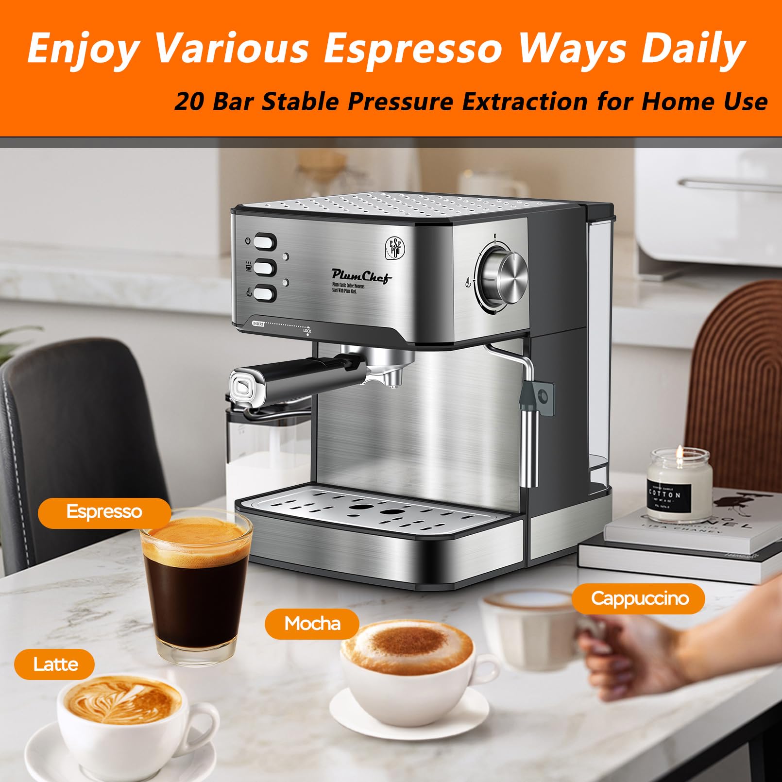 PlumChef 20 Bar Professional Espresso Machine - Compact Home Coffee Maker with Milk Frother, 54oz Water Tank, Low Noise - Perfect for Lattes, Cappuccinos & Quick Morning Brews