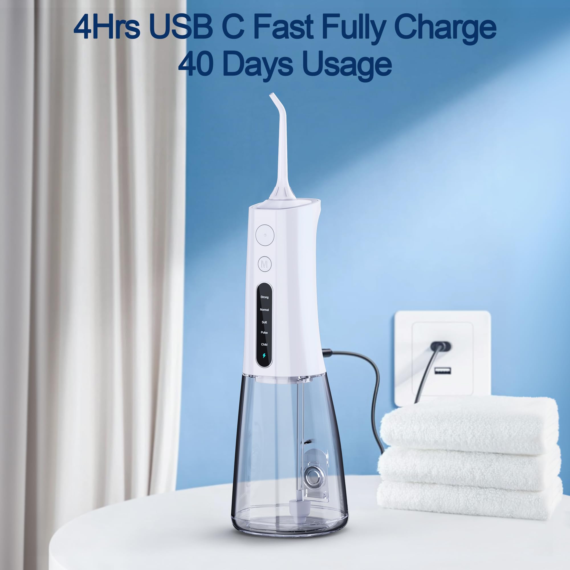 MOCEL Cordless Water Dental Flosser - 5 Modes Portable Oral Irrigator with 300ML Tank, USB-C Rechargeable & IPX7 Waterproof - Teeth Cleaning & Gum Care for Home, Travel, and Office Use (White)