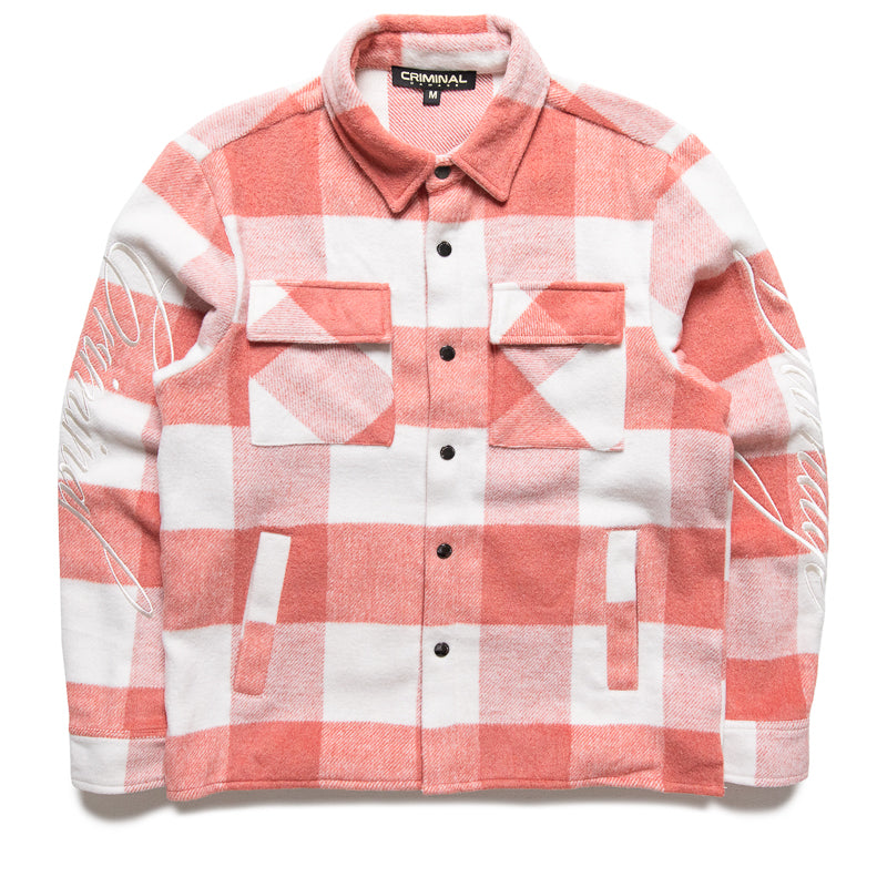 Criminal Damage Embroidered Sleeve Check Shirt - Pink/Ecru Plaid Shirt for Men | Punk Fashion, Streetwear & Casual Outfits