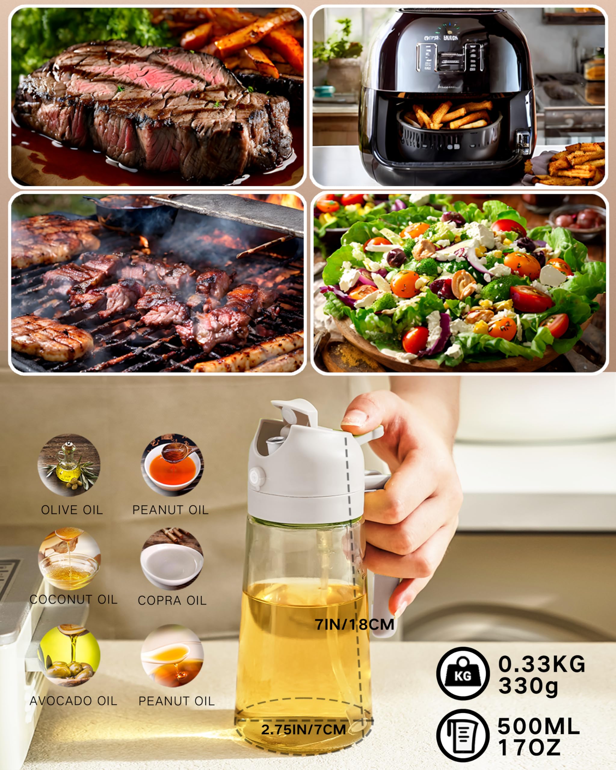 2 in 1 Glass Oil Dispenser & Sprayer - 17oz/500ml Olive Oil Bottle with Sprayer for Cooking, Kitchen, Salad, BBQ, Air Fryer - Perfect for Healthy Cooking & Meal Prep (White)