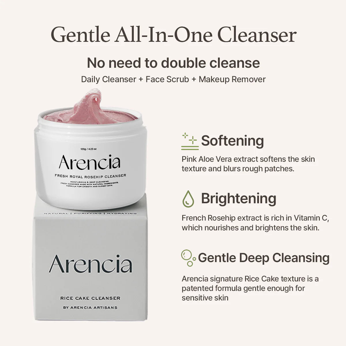 Arencia Fresh Royal Rosehip Cleanser 120g - Gentle Face Wash for Brightening & Hydrating Skin | Perfect for Daily Skincare Routine & Sensitive Skin Care