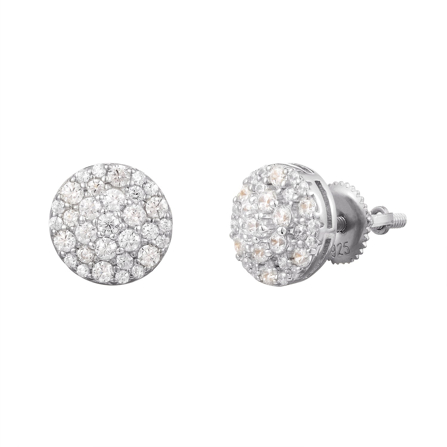 925 Sterling Silver Round Solitaire Cluster Hip Hop Screw Back Earrings for Women - Perfect for Parties, Concerts, and Urban Fashion