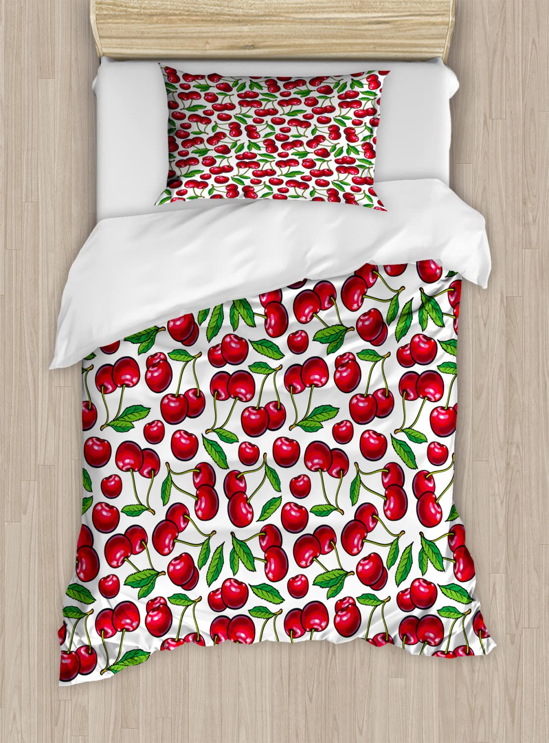 Ambesonne Cherry Duvet Cover Set - Twin Size 2-Piece Bedding with Juicy Summer Fruit Art Design (Dark Pink/Raspberry) for Cozy Bedroom Decor | Perfect for Guest Rooms, Dorms & Summer Themed Bedrooms