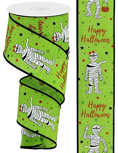 Glitter Mummy Decorations with Wired Edge Ribbon - 10 Yards Lime Green 2.5 Inch Wide - Perfect for Halloween Party Decor, DIY Crafts & Gift Wrapping