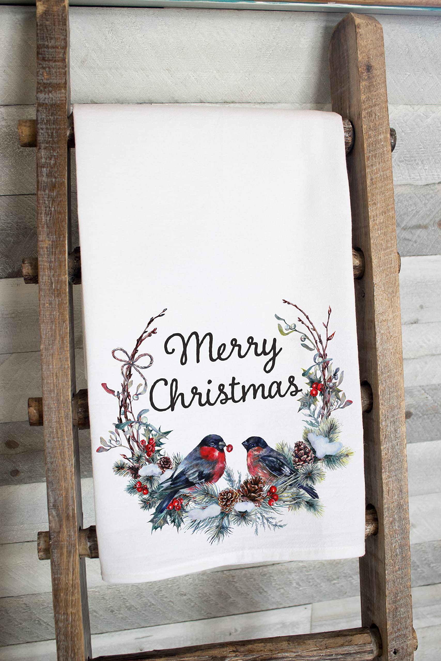Christmas Flour Sack Dish Towels - Holiday Tea Towels for Xmas Kitchen Decor (Merry Christmas Bullfinch Wreath) | Absorbent Cotton Kitchen Towels for Baking, Cooking & Holiday Decorations