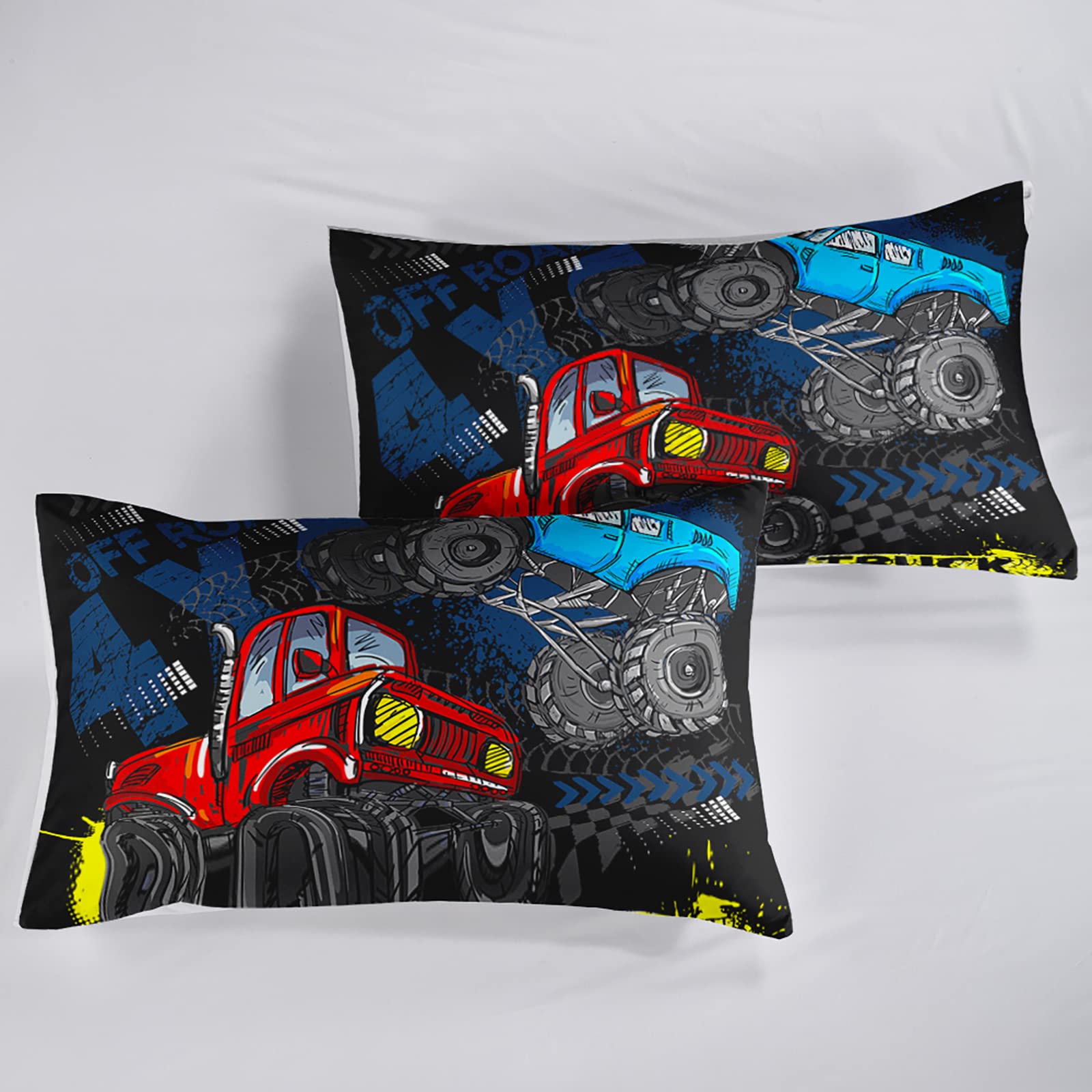 QOOMO Truck Comforter Set for Kids & Teens - Cars Themed Twin Size Bedding, 3 Piece Microfiber Comforter with 2 Pillowcases - Soft, Lightweight & Breathable - Perfect for Boys' Bedroom, Dorm Room or Sleepovers (Black)