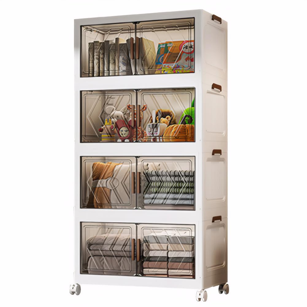 4-Tier Stackable Storage Bins with Lids, Doors & Wheels - Foldable Storage Cabinet Shelf Organizer for Bedroom, Living Room, Office - Perfect for Clothes, Toys, Books & Home Organization
