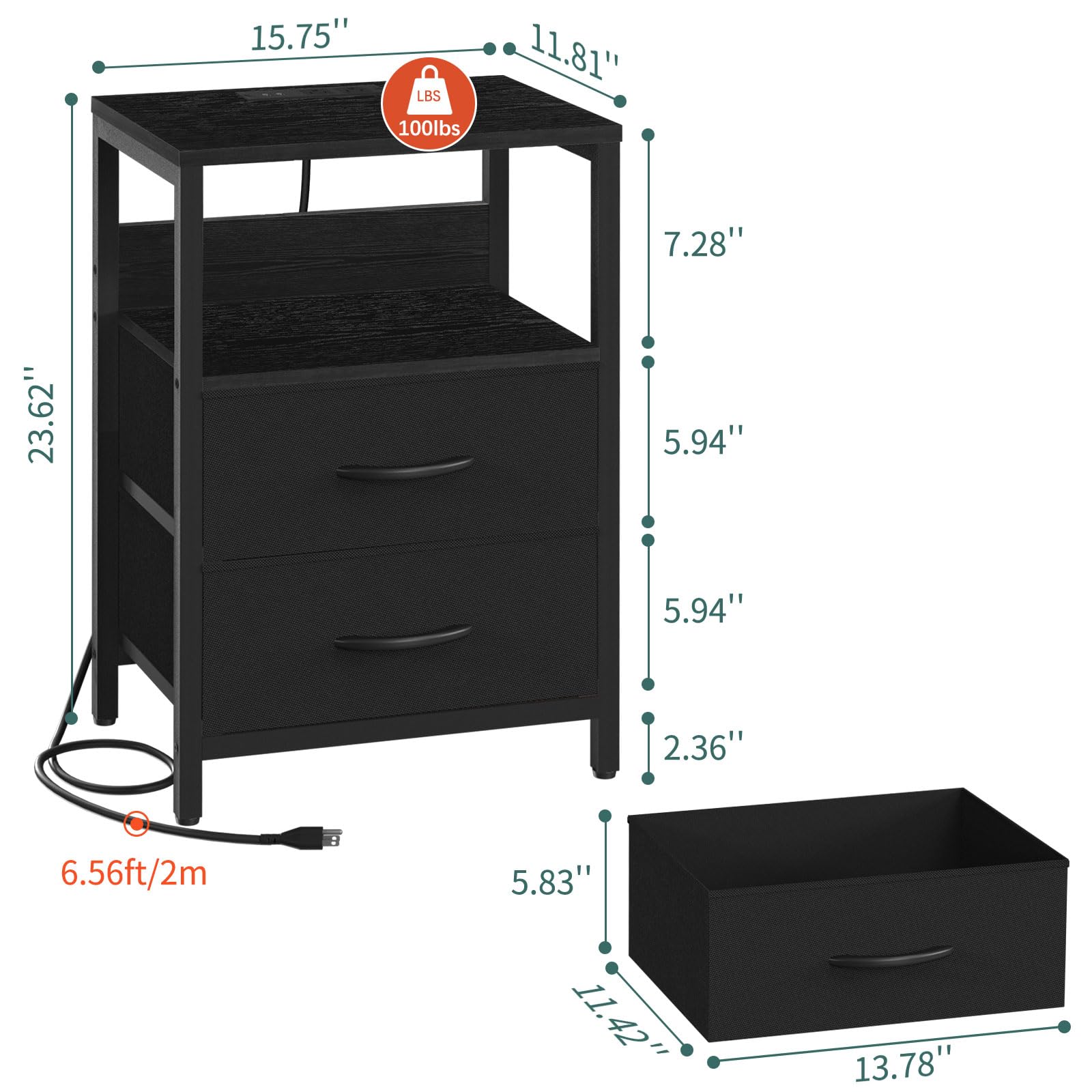 Yoobure Nightstand with Charging Station - LED Bedside Table with USB Ports & Outlets, Fabric Drawers & Storage Shelf - Small Night Stand for Bedroom | Perfect for Phone Charging, Reading Light & Bedside Storage