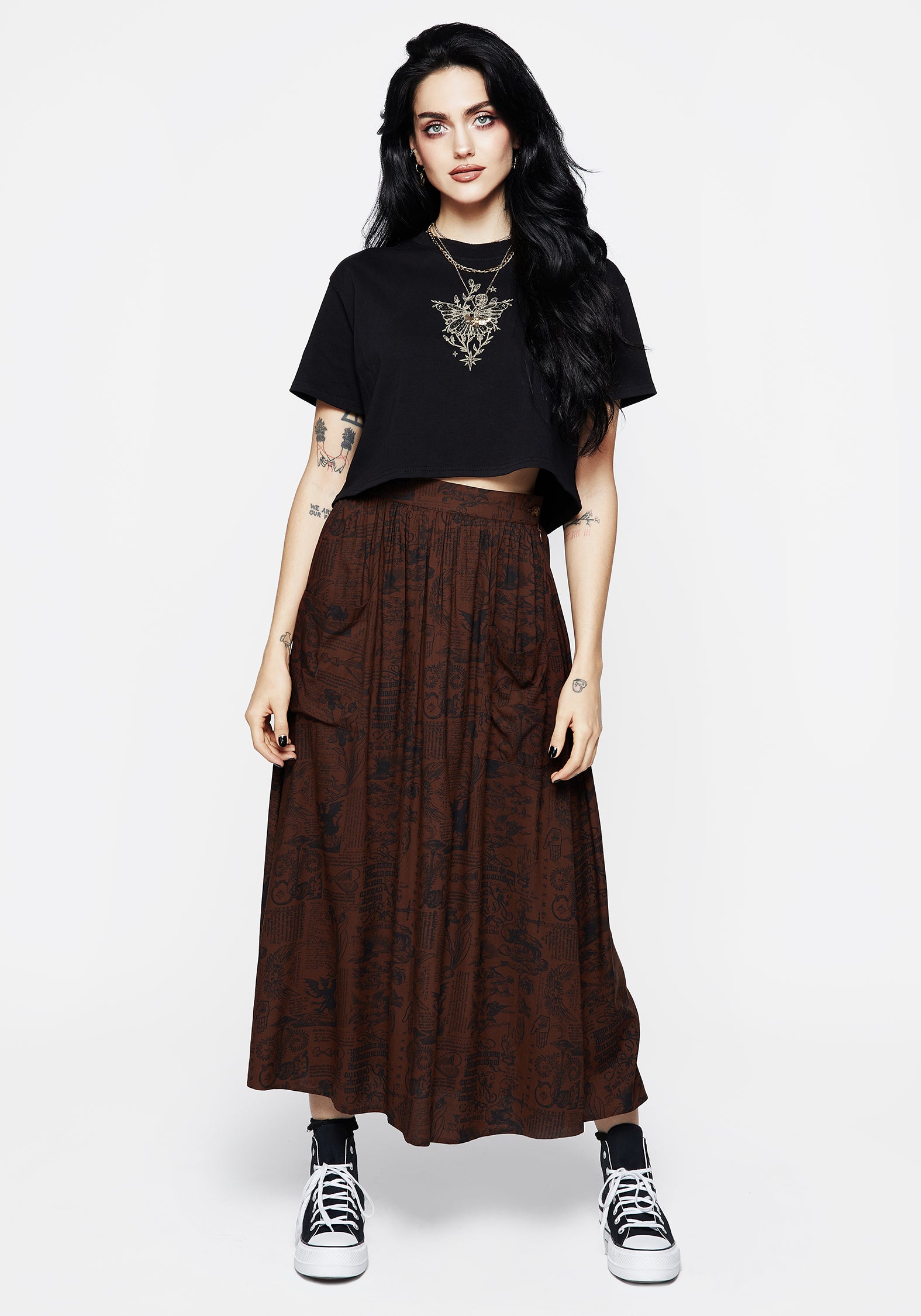 Daemonologie Woodcut Print Midi Skirt - Vintage Gothic A-Line Skirt for Women | Perfect for Halloween, Cosplay & Dark Academia Outfits
