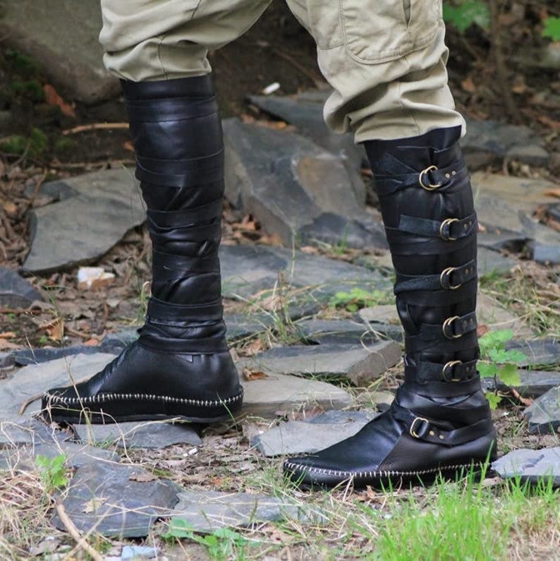 Medieval Leather Boots for Men - Viking Pirate Combat Boots Black Long Riding Shoes | Historical Reenactment, LARP, Cosplay & Renaissance Faire Footwear