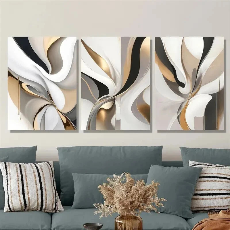 3-Piece Golden & White Swirls Framed Wall Art Set - 40x60cm Light Luxury Canvas Prints | High Quality Australian Made Ready-to-Hang Decor for Living Room, Bedroom & Office