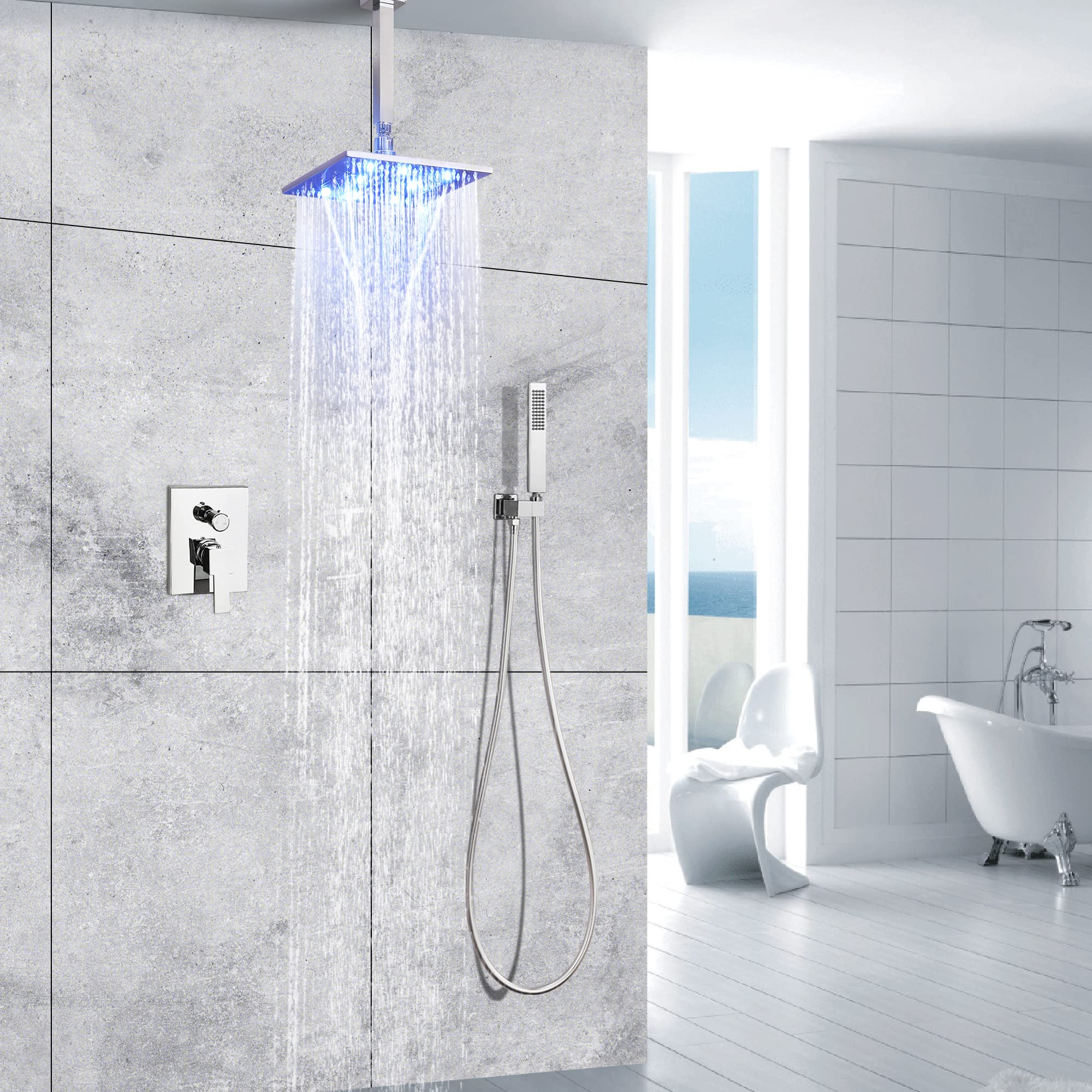 SKOWLL 2-Function Ceiling Mounted Shower System - High Pressure Rainfall Shower Head & Handheld Spray Combo - Polished Chrome Finish for Luxurious Bathroom Upgrade | Perfect for Master Bath, Spa-Like Experience, and Modern Home Renovation