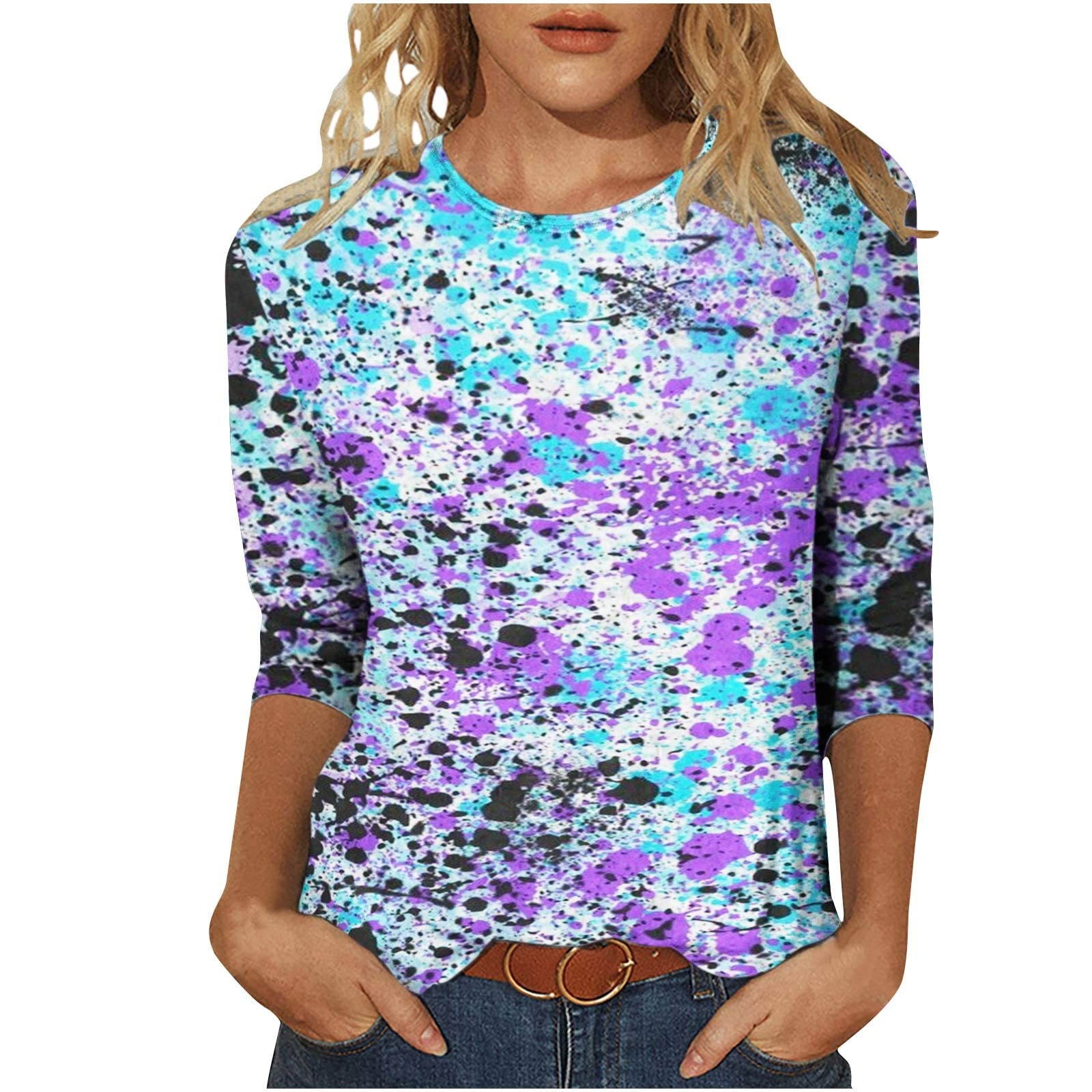 Women's 3/4 Sleeve Halloween T-Shirt 2022 - Black Cat Pumpkin Print Tunic Top for Costume Parties & Fall Festivals