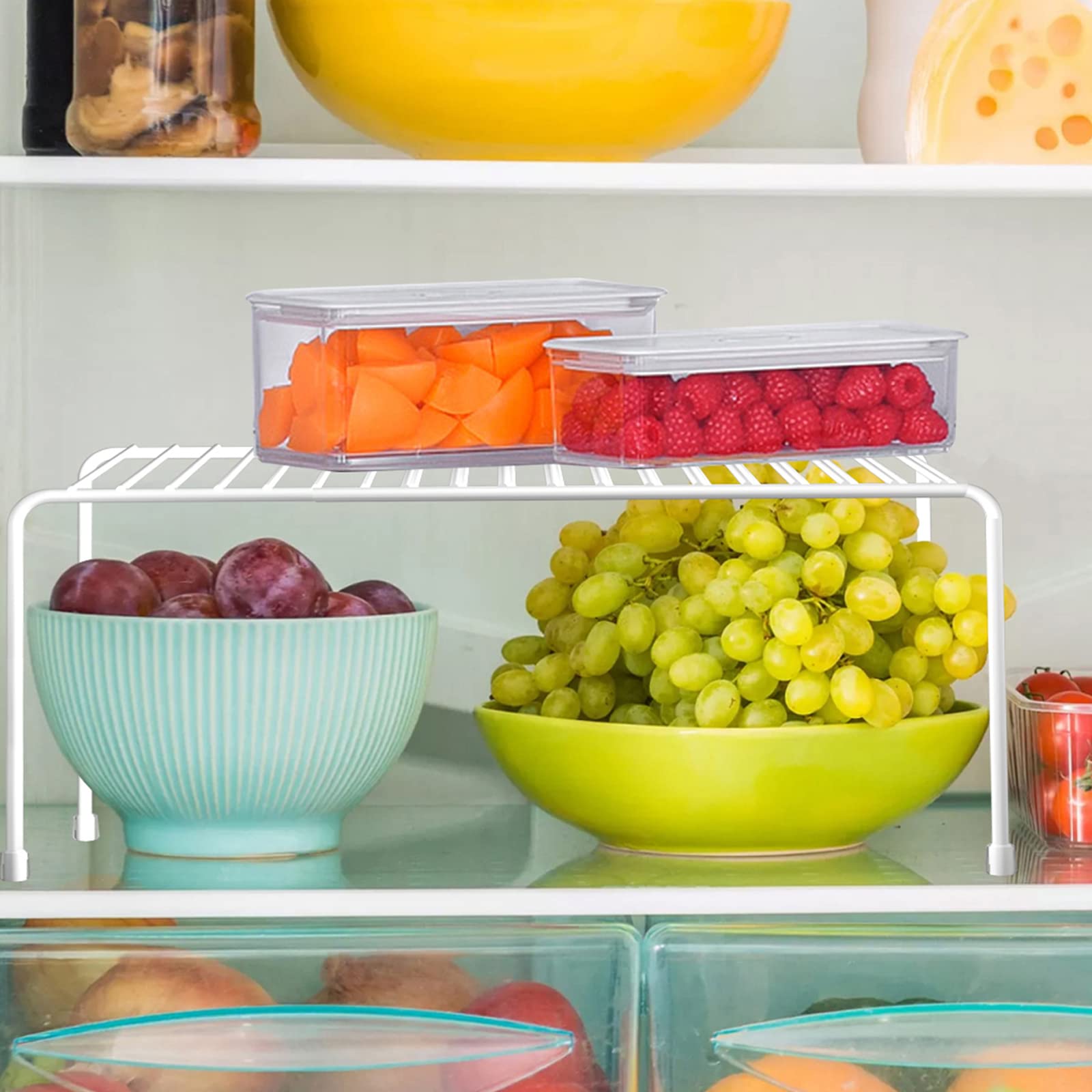 Expandable Cabinet Shelf Organizer - Adjustable Freezer & Pantry Organizer for Mugs, Plates & Spices - Space Saving Kitchen Storage Rack with Scratch-Resistant Feet - Perfect for Cabinet, Pantry & Refrigerator Organization