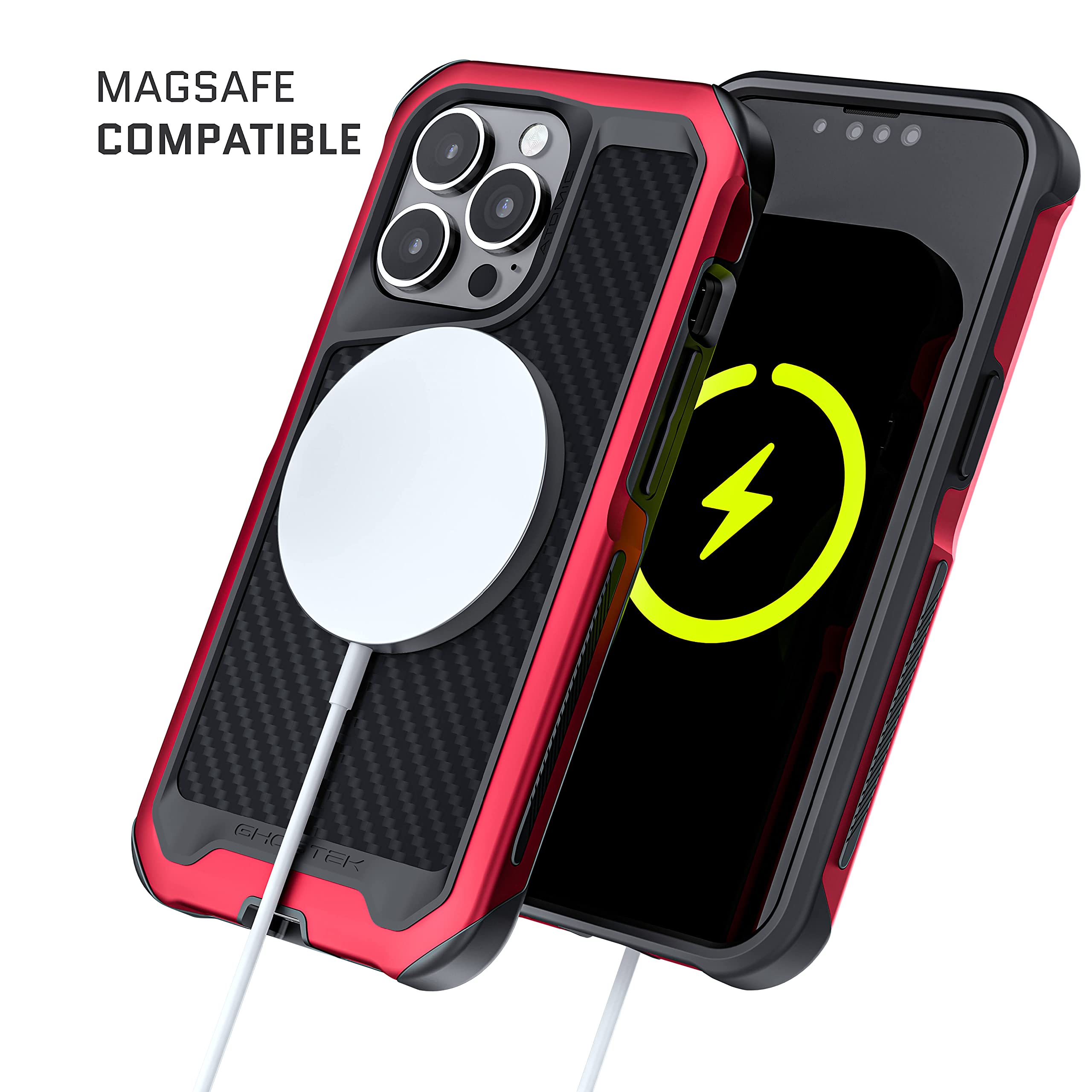 Ghostek ATOMIC Slim MagSafe iPhone 13 Case - Premium Carbon Fiber Back & Red Aluminum Bumper - Heavy Duty Protection for 2021 Apple iPhone 13 (6.1 inch) - Perfect for Outdoor Adventures & Daily Use