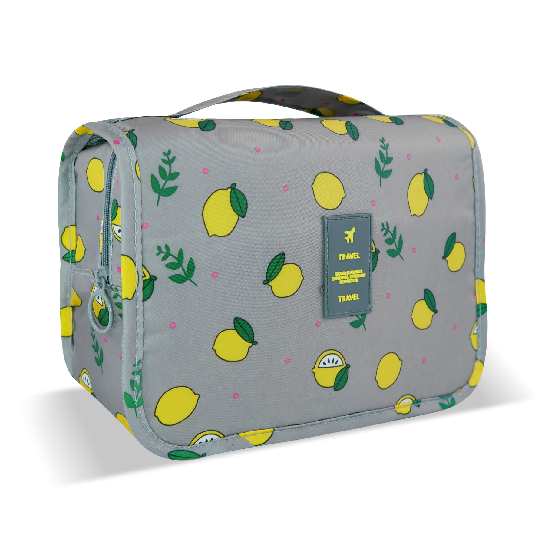 Large Waterproof Toiletry Bag with Hanging Hook - Travel Cosmetic Organizer for Bathroom & Brushes Storage (Grey Lemon)