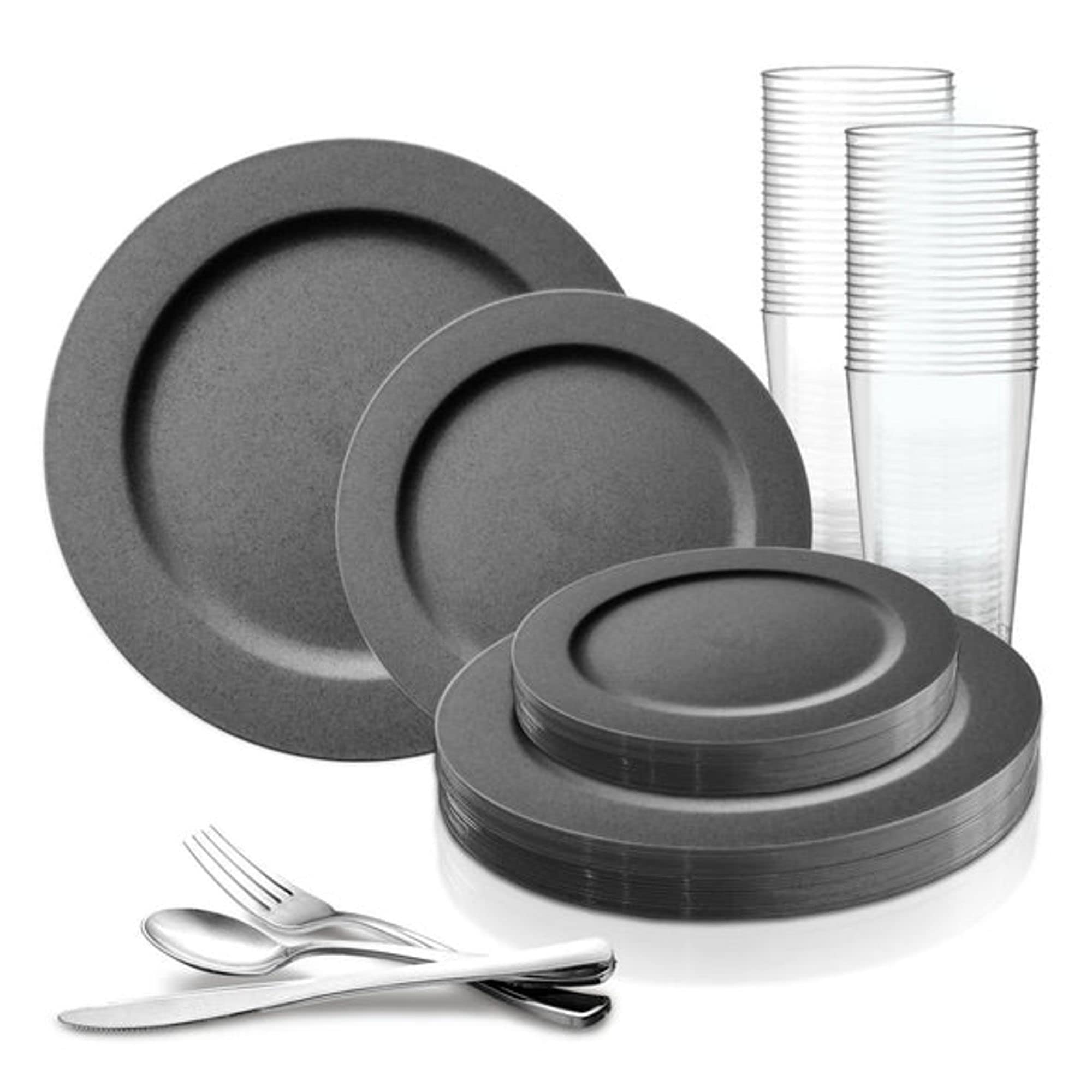 Elegant Disposable Plastic Party Dinnerware Set - Matte Dinner Plates, Salad Plates, Cutlery (Spoons, Forks, Knives) & Cups Bulk (120-Piece, Charcoal Gray) for Wedding, Birthday, BBQ, Picnic & All Special Occasions