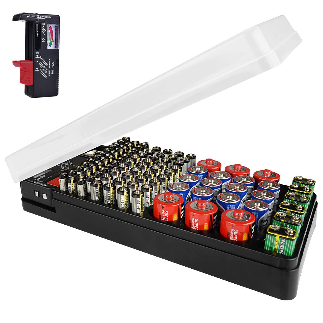 98-Slot Battery Organizer Storage Case with Built-in Tester - AA AAA C D 9V Battery Holder for Home, Office & Travel Organization