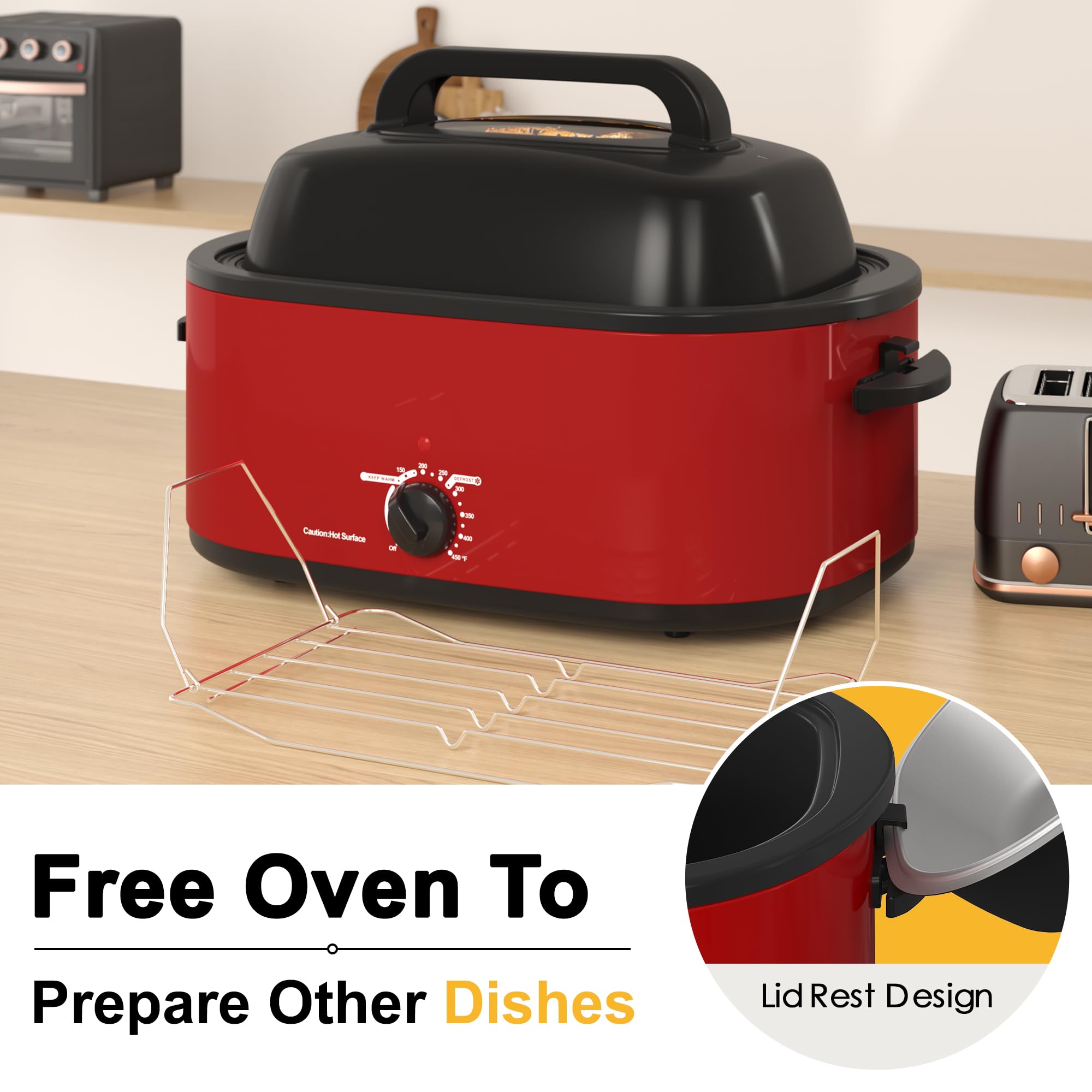 26QT 3-in-1 Electric Roaster Oven with Thawing, Heating & Warm Function, Stainless Steel Turkey Roaster with Self-Basting Lid, Removable Pan Rack & Cool-Touch Handles – Perfect for Holiday Meals, Buffets & Family Gatherings